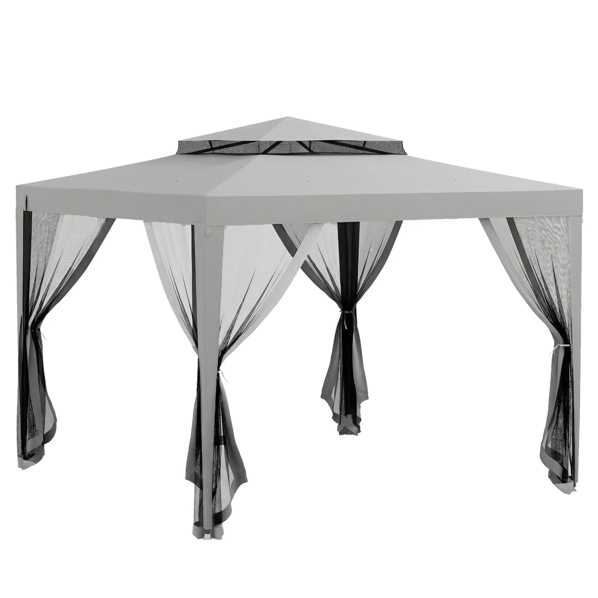 Outsunny 3x3 m Garden Gazebo with Mosquito Net, Double Roof and 8 Holes, in Steel and Polyester, Grey