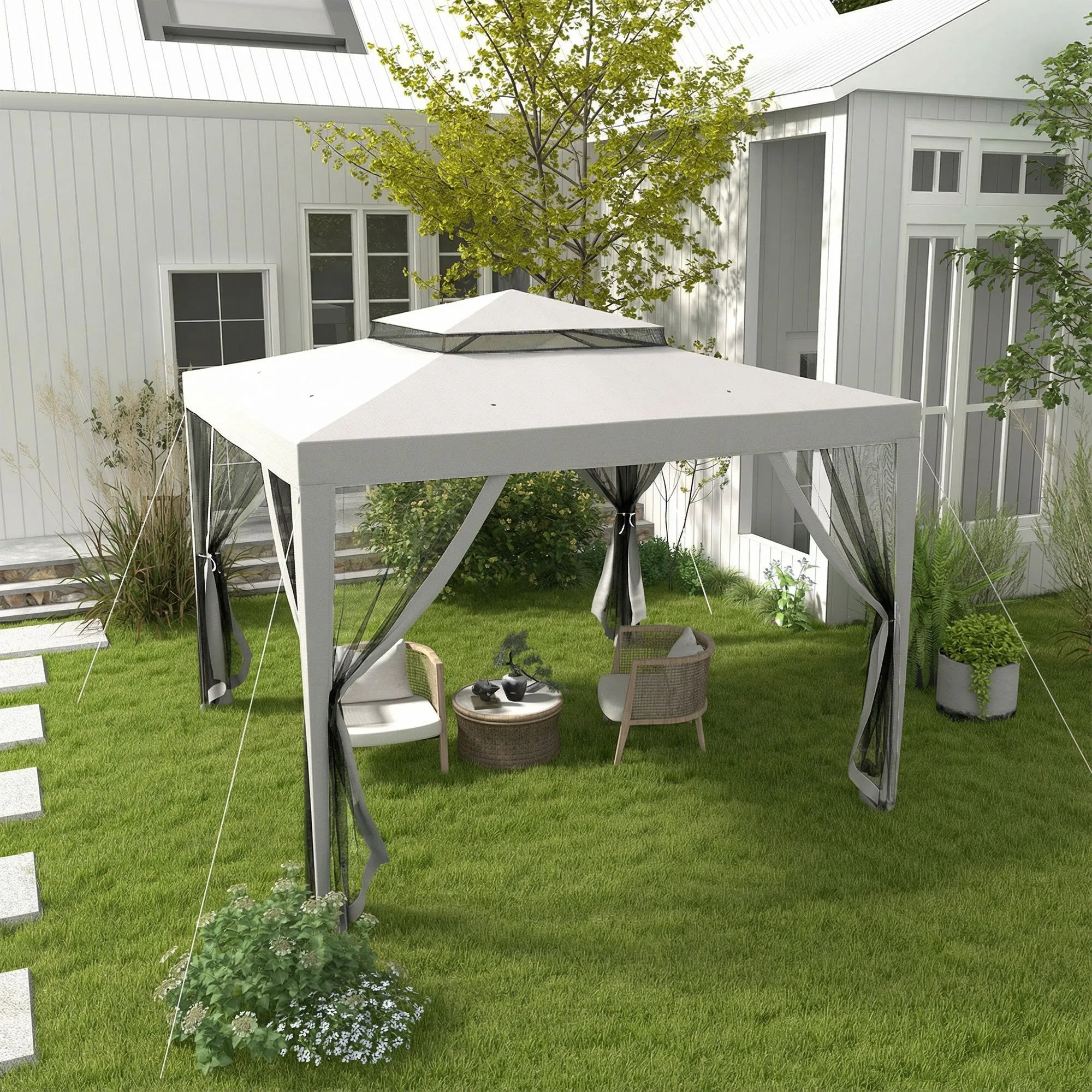 Outsunny 3x3 m Garden Gazebo with Mosquito Net, Double Roof and 8 Holes, in Steel and Polyester, Grey - Image 2