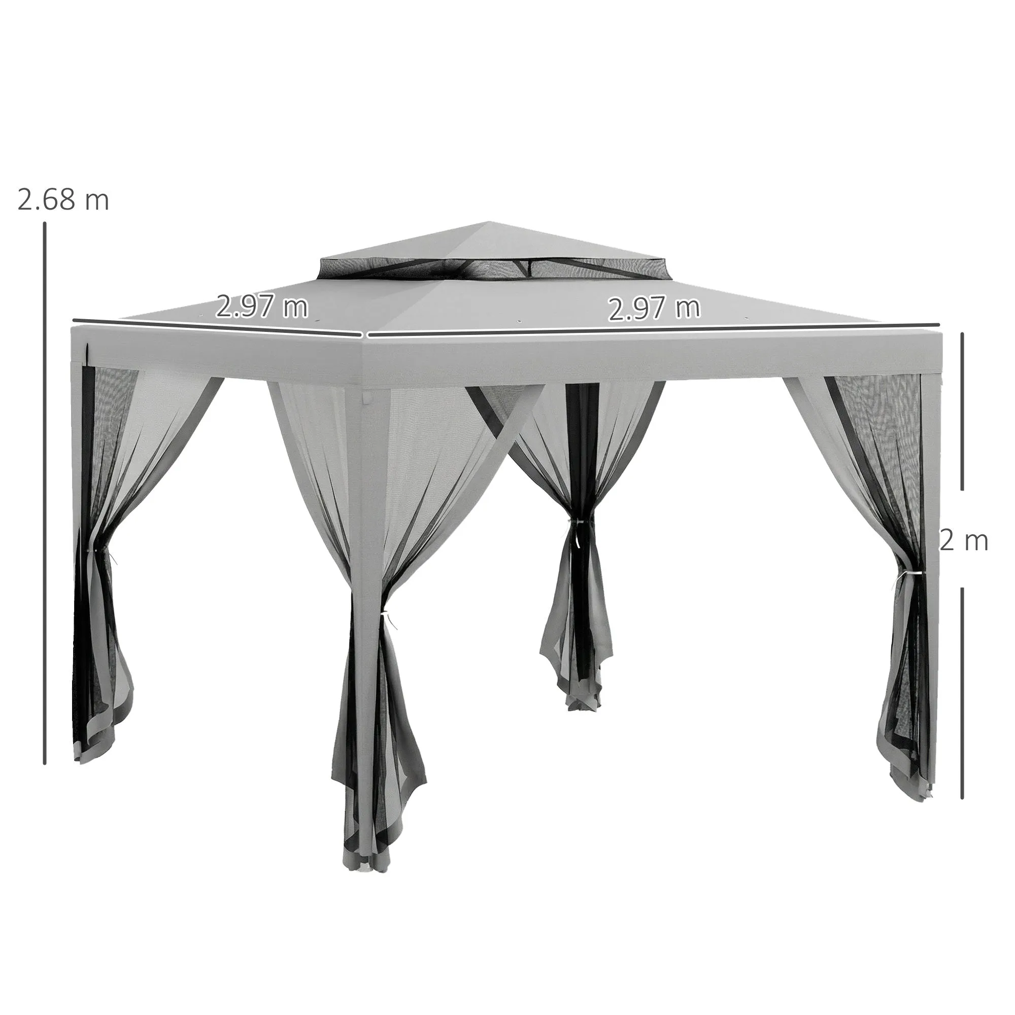 Outsunny 3x3 m Garden Gazebo with Mosquito Net, Double Roof and 8 Holes, in Steel and Polyester, Grey - Image 3