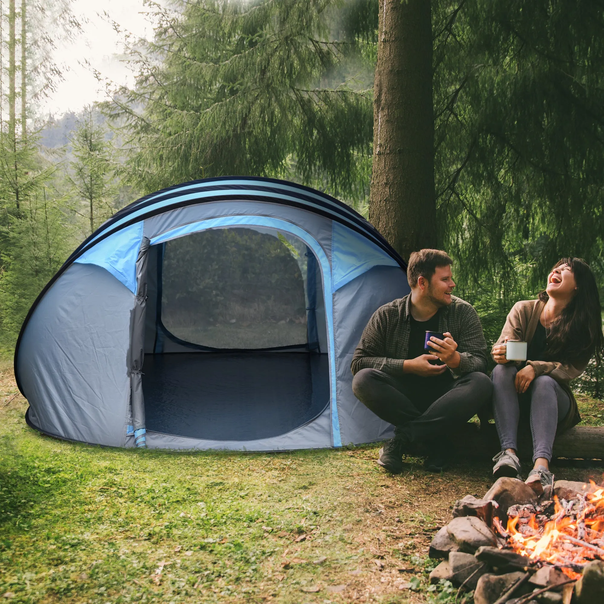 Outsunny 2-Person Pop-Up Camping Tent with 2 Doors, 4 Windows and Waterproof Tarp, 263.5x220x123 cm, Blue - Image 2