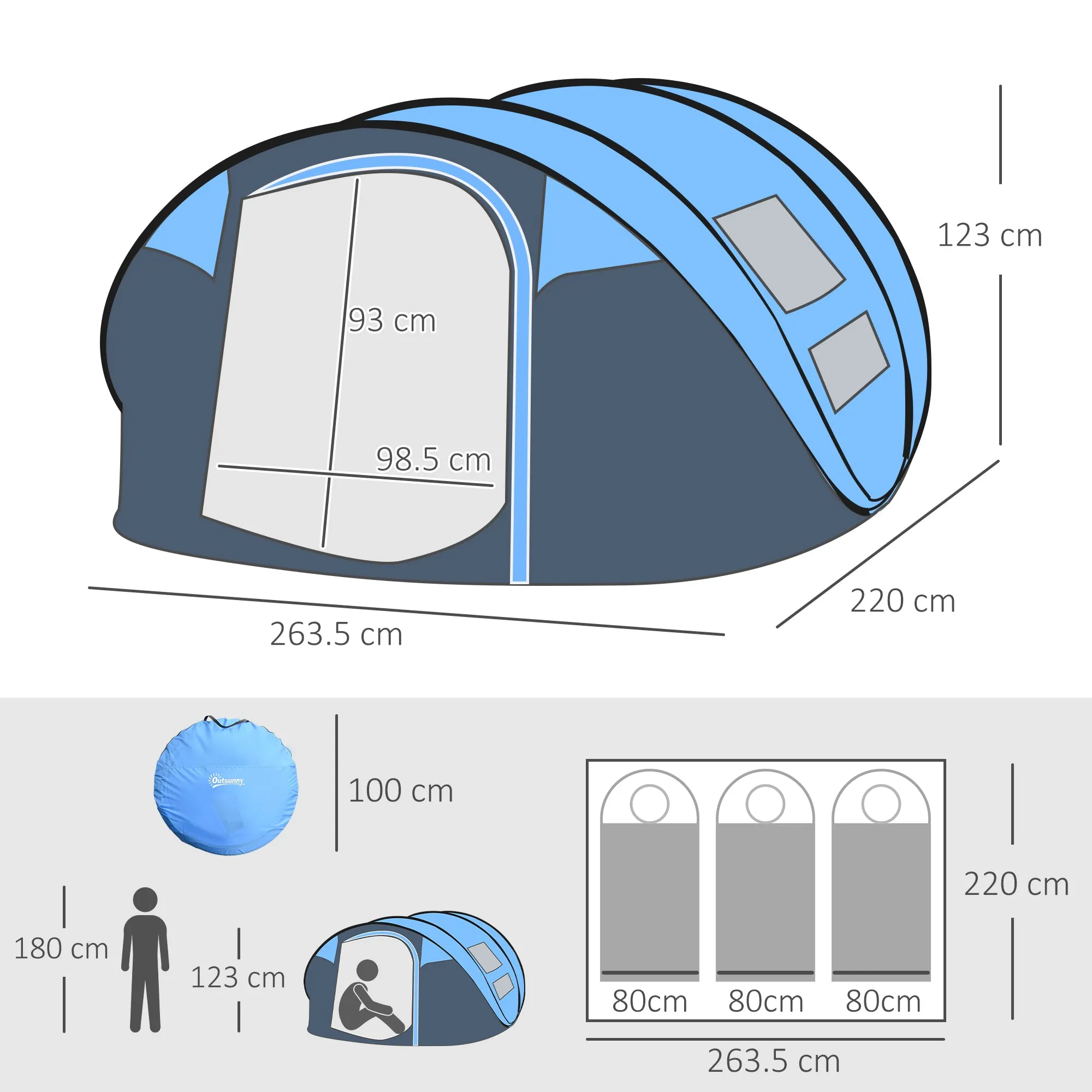 Outsunny 2-Person Pop-Up Camping Tent with 2 Doors, 4 Windows and Waterproof Tarp, 263.5x220x123 cm, Blue - Image 3