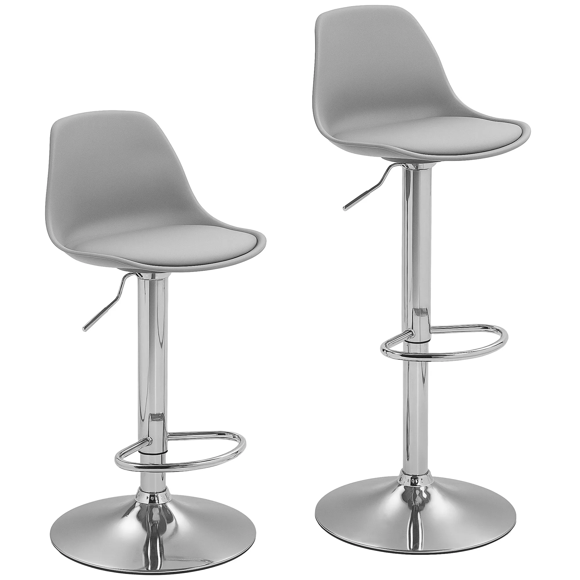 Set of 2 Bar Stools with Backrest and Footrest, in PP, PU Leather and Steel, 38x42x82-104 cm, Grey
