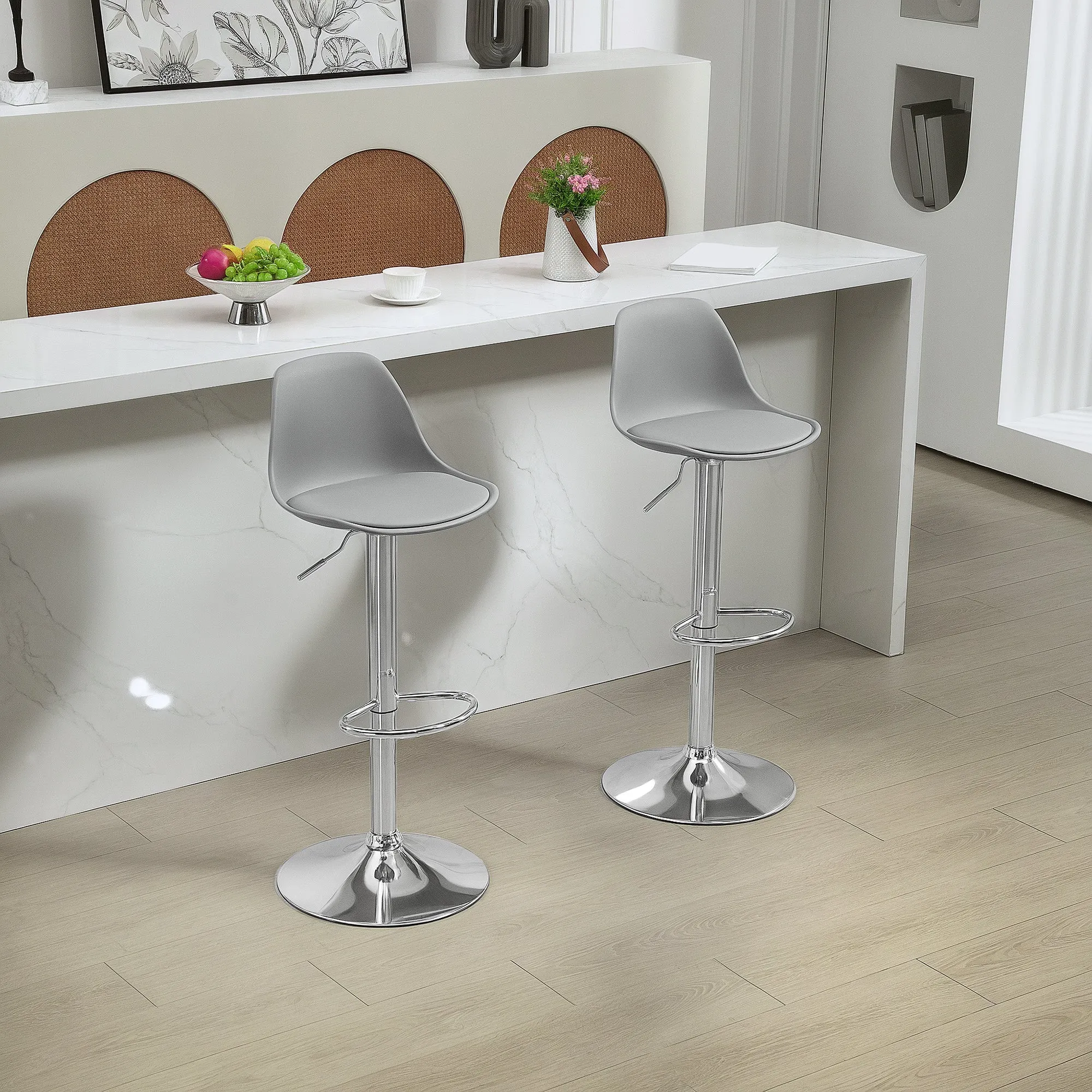 Set of 2 Bar Stools with Backrest and Footrest, in PP, PU Leather and Steel, 38x42x82-104 cm, Grey - Image 2