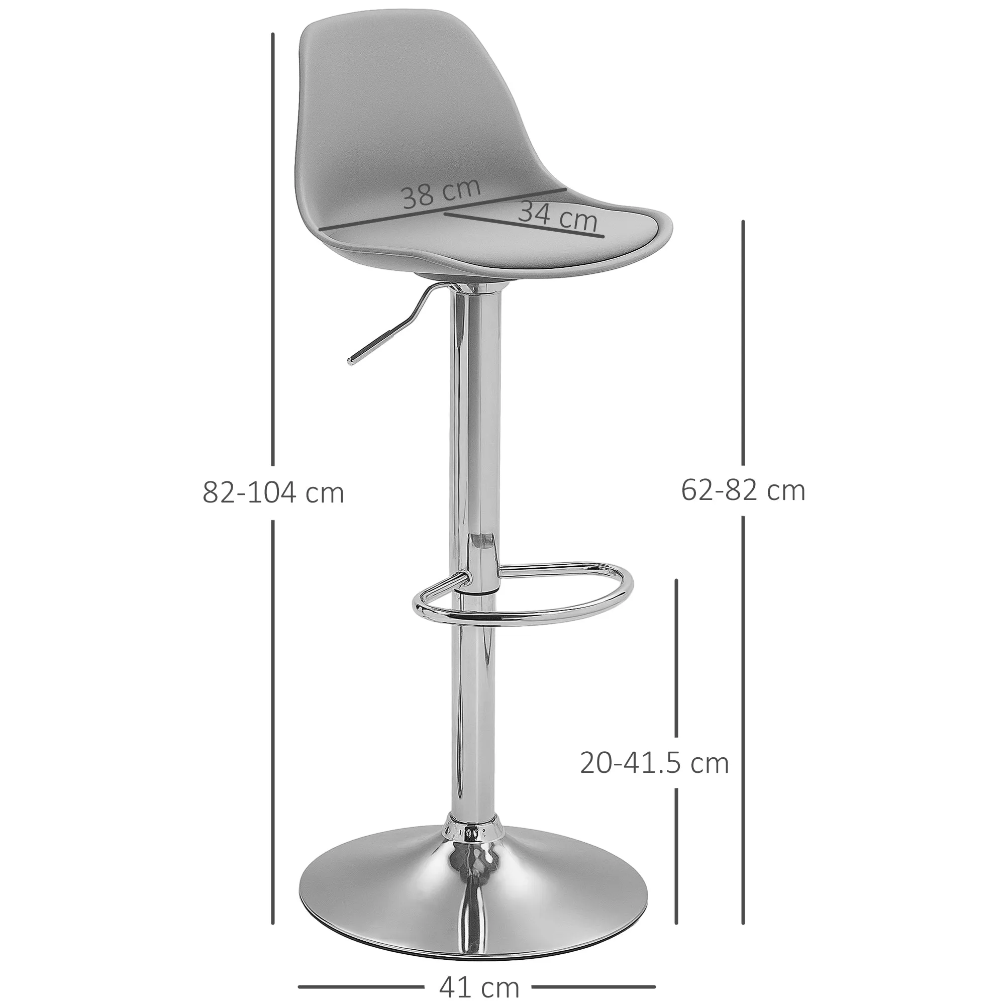 Set of 2 Bar Stools with Backrest and Footrest, in PP, PU Leather and Steel, 38x42x82-104 cm, Grey - Image 3
