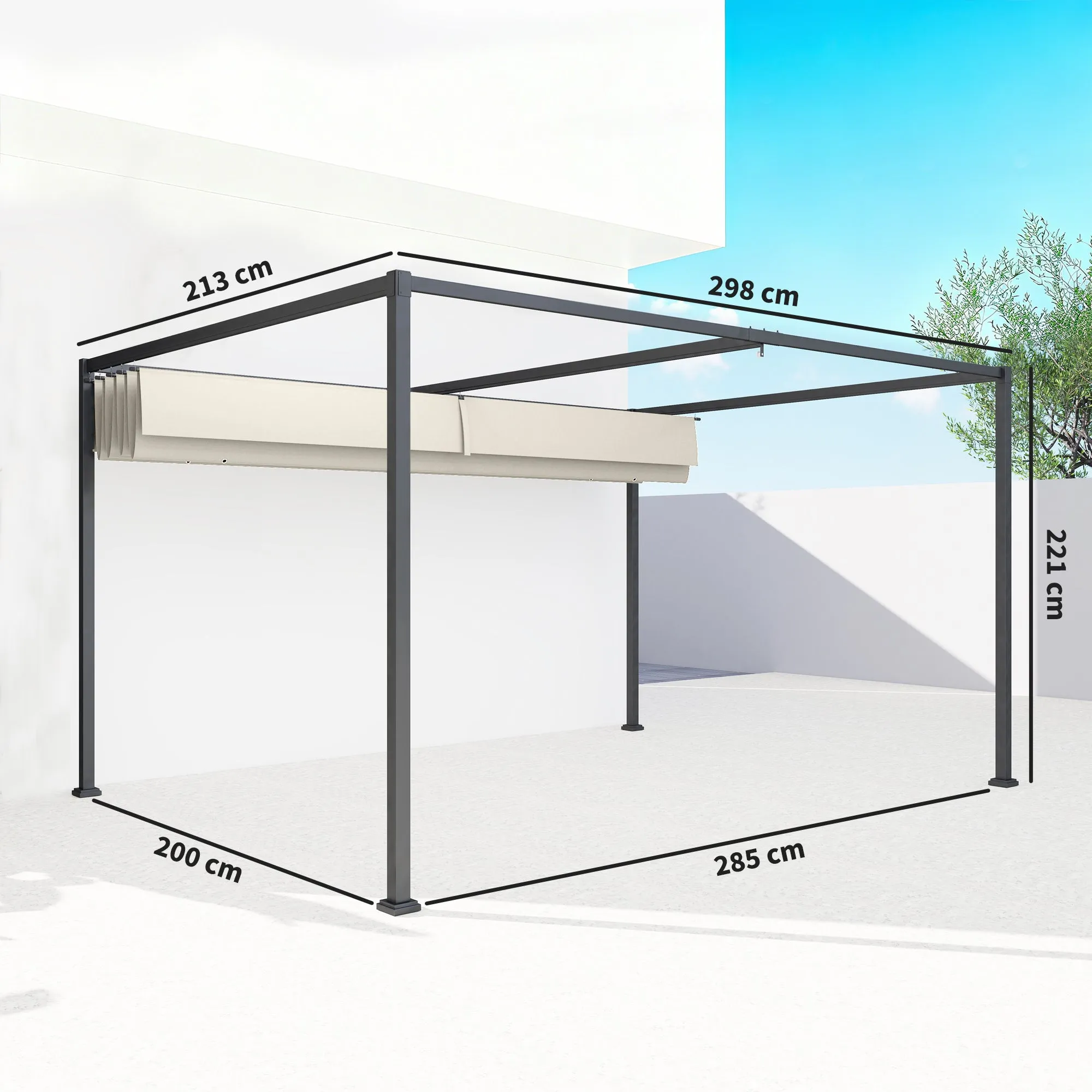 Outsunny Pergola Gazebo 3x2 m with Retractable Metal and Polyester Canopy, Cream and Grey - Image 3