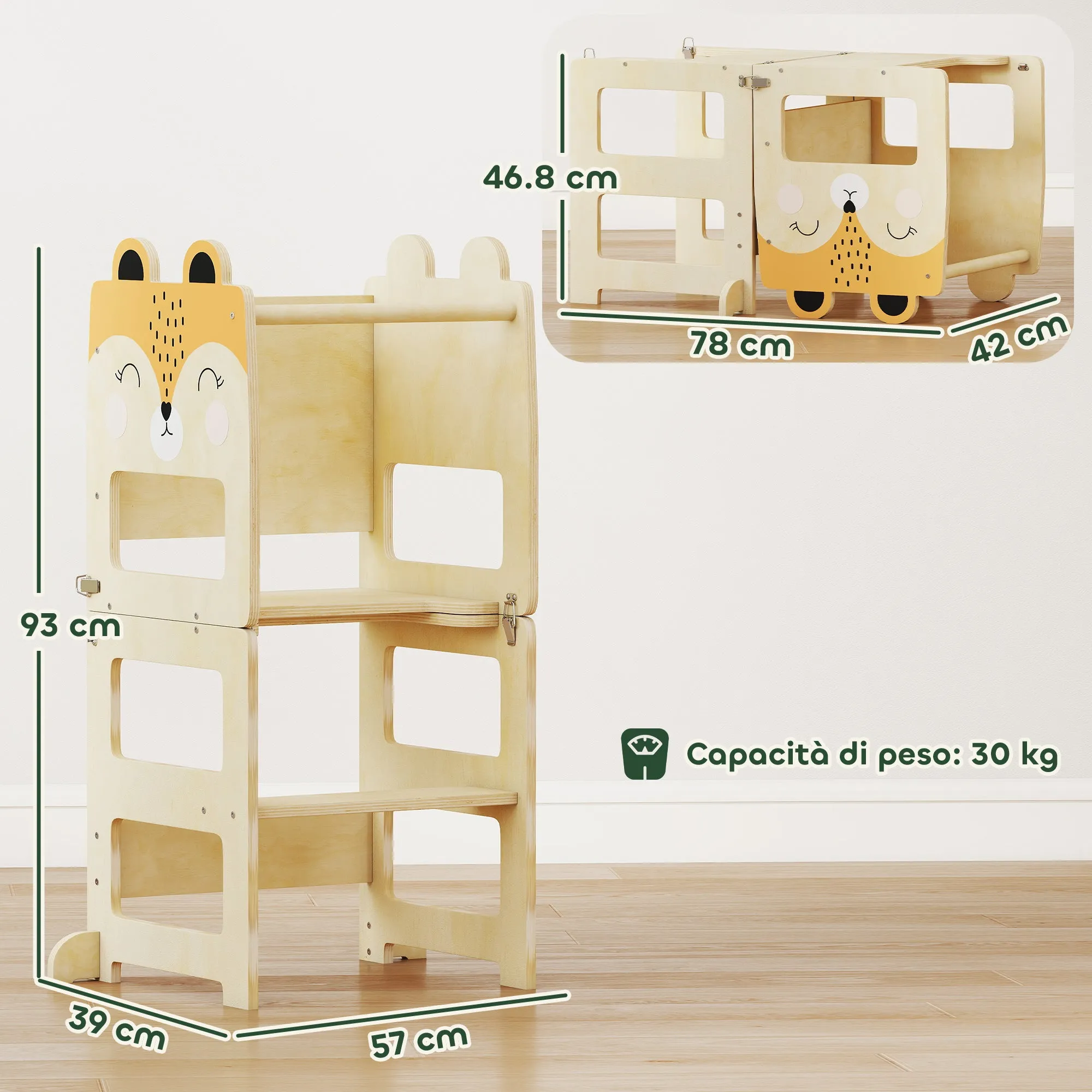 Montessori Tower for Children 2-5 Years with Blackboard and Table, Wooden, 57x39x93 cm, Wood Color - Image 3