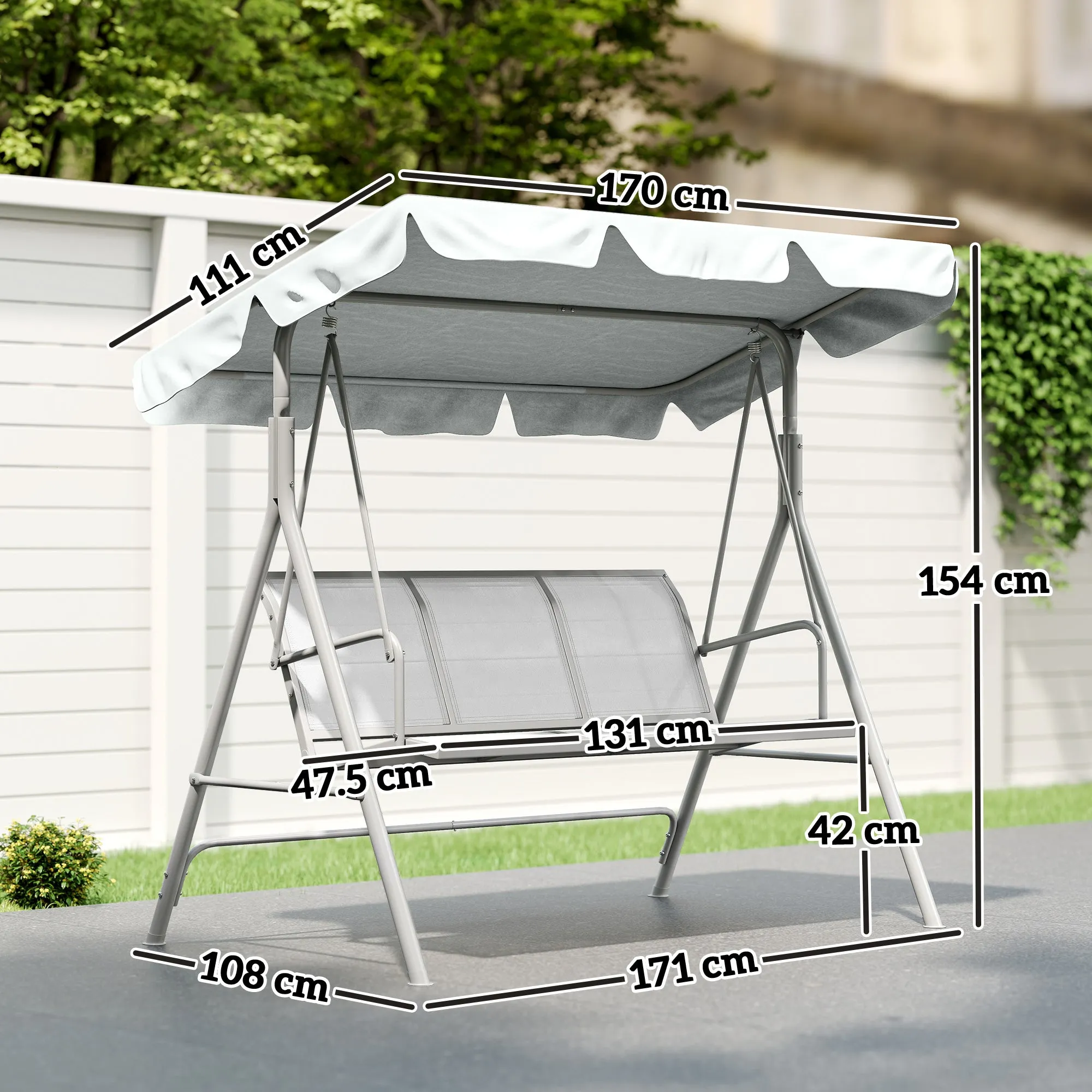 Outsunny 3-Seater Garden Swing with Removable Sun Canopy, 171x108x154 cm, Light Grey - Image 3