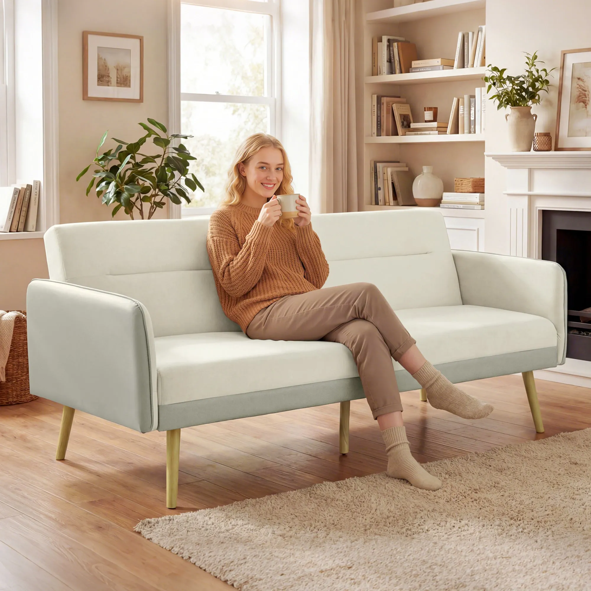 3-Seater Sofa Bed with Reclining Backrest and Velvet Upholstery, 185x84x83 cm, Beige - Image 2