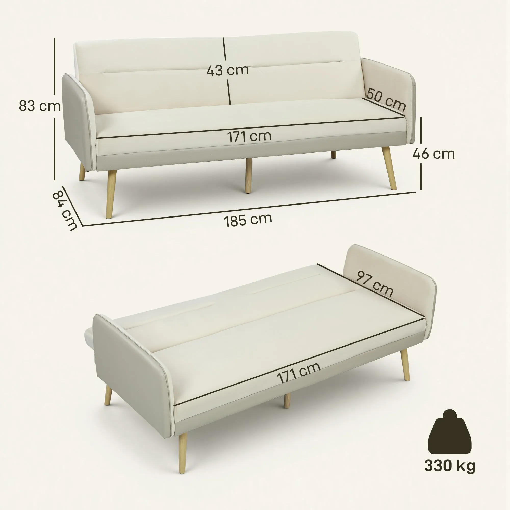 3-Seater Sofa Bed with Reclining Backrest and Velvet Upholstery, 185x84x83 cm, Beige - Image 3
