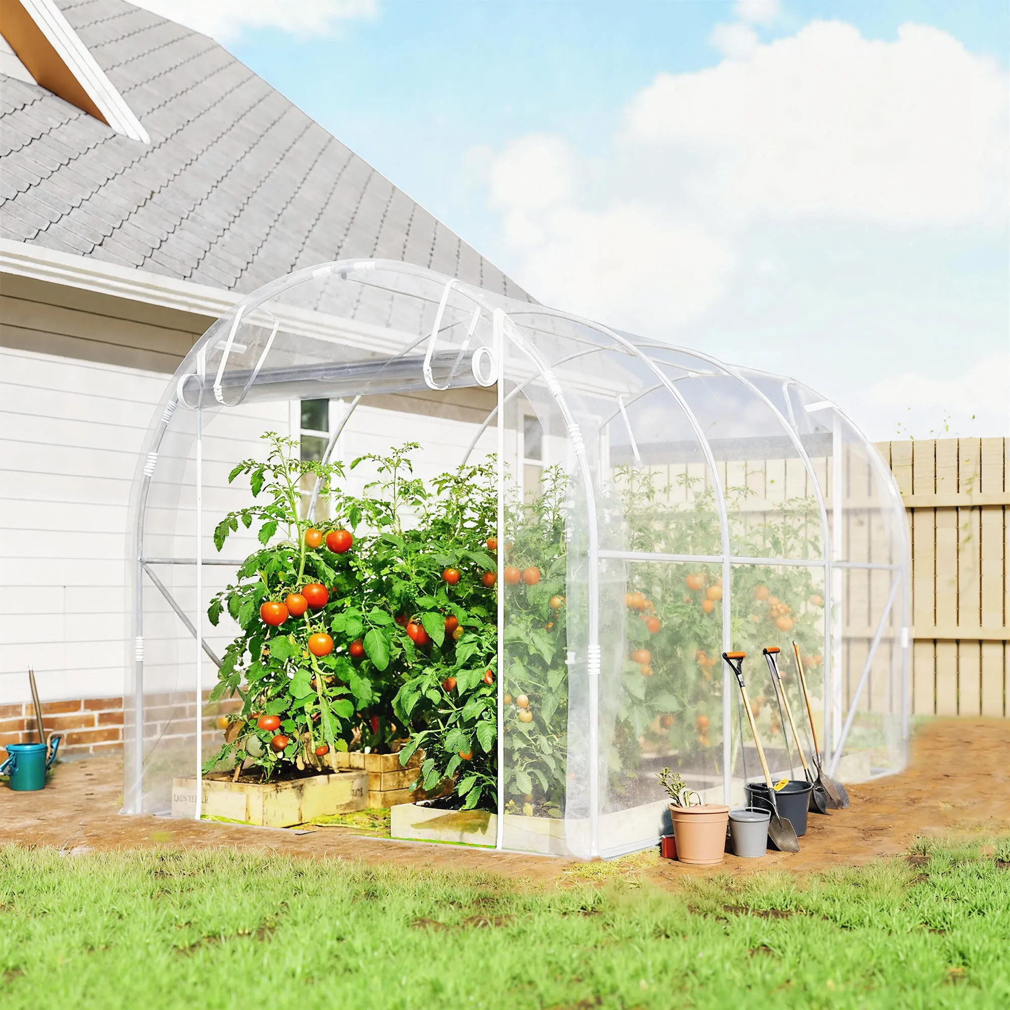 Outsunny 2x3x2 m Tunnel Greenhouse with Roller Doors, Steel Frame and Anti-UV PE Cover, Transparent - Image 2