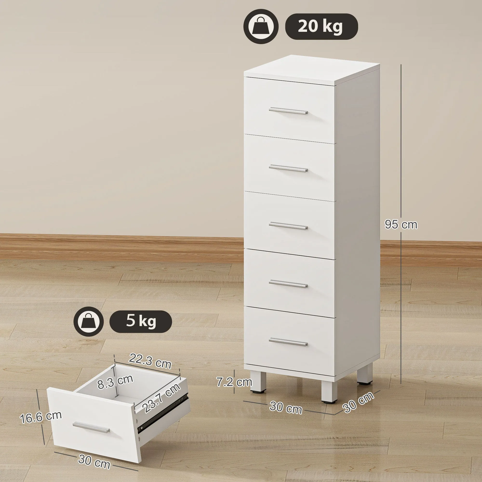 5-Drawer Chest of Drawers for Bedroom and Living Room, FSC Wood, 30x30x95 cm, White - Image 3