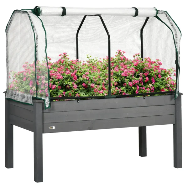 Outsunny Vegetable Garden Bed with Greenhouse, Outdoor Plant Holder in Wood and PE, 121x55x117 cm, Dark Grey
