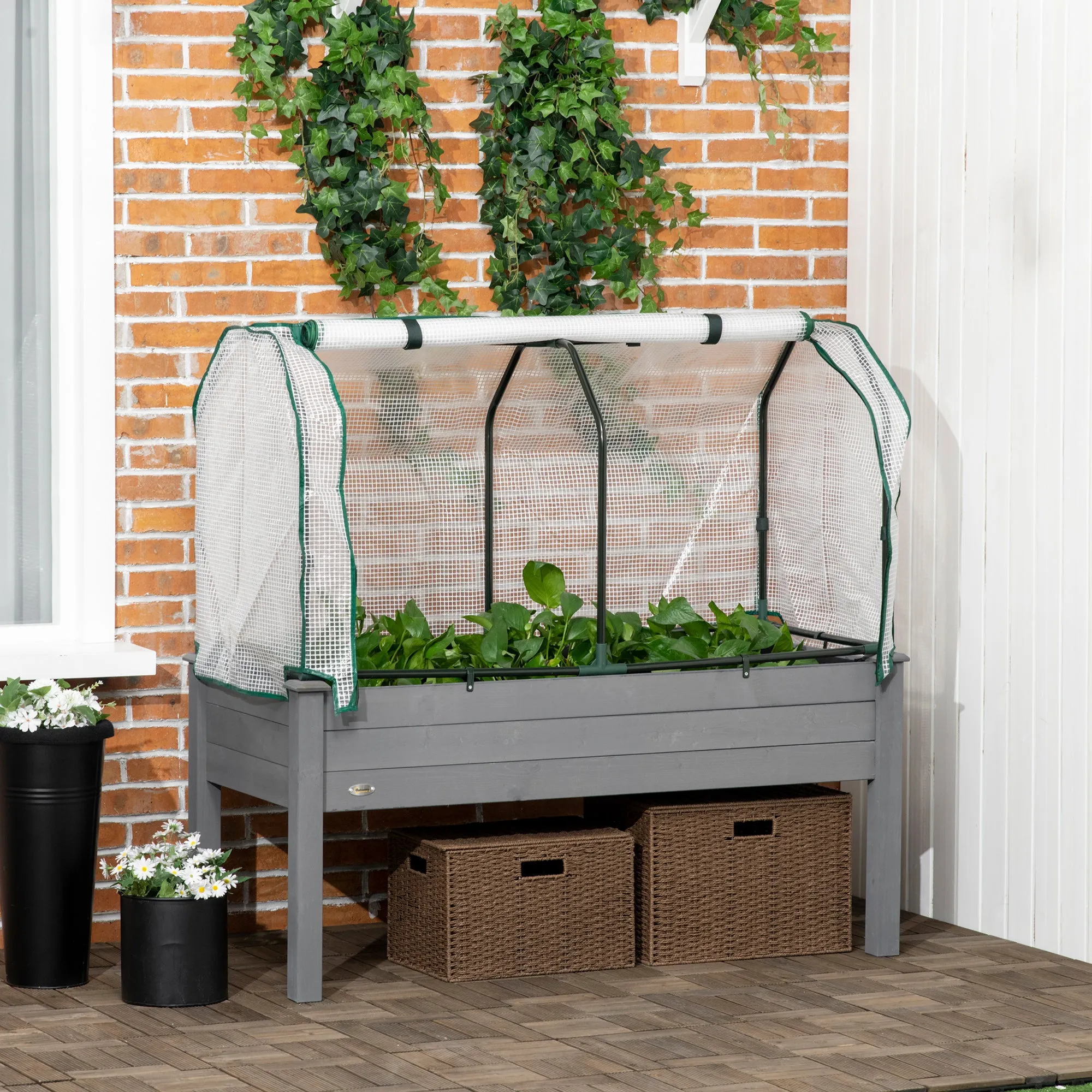 Outsunny Vegetable Garden Bed with Greenhouse, Outdoor Plant Holder in Wood and PE, 121x55x117 cm, Dark Grey - Image 2