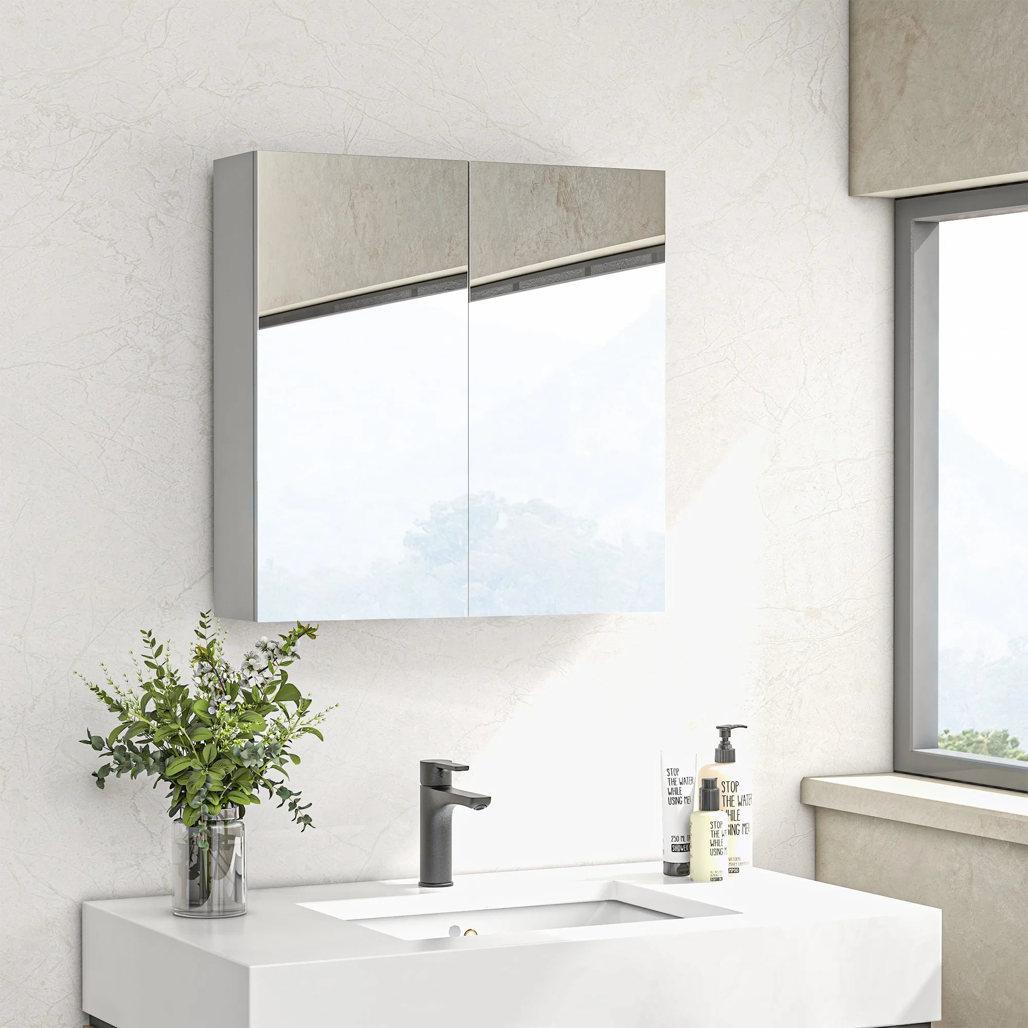 kleankin Mirrored Cabinet with 3 Adjustable Internal Shelves, in Wood and Glass, 60x15x60 cm, White - Image 2