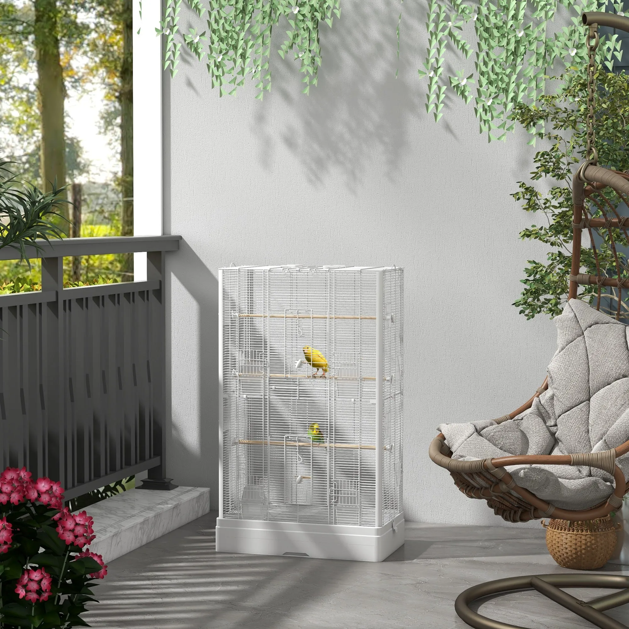 PawHut Bird Cage with Removable Tray and Perches, Parrot Aviary, 61x36.5x98 cm, White - Image 2