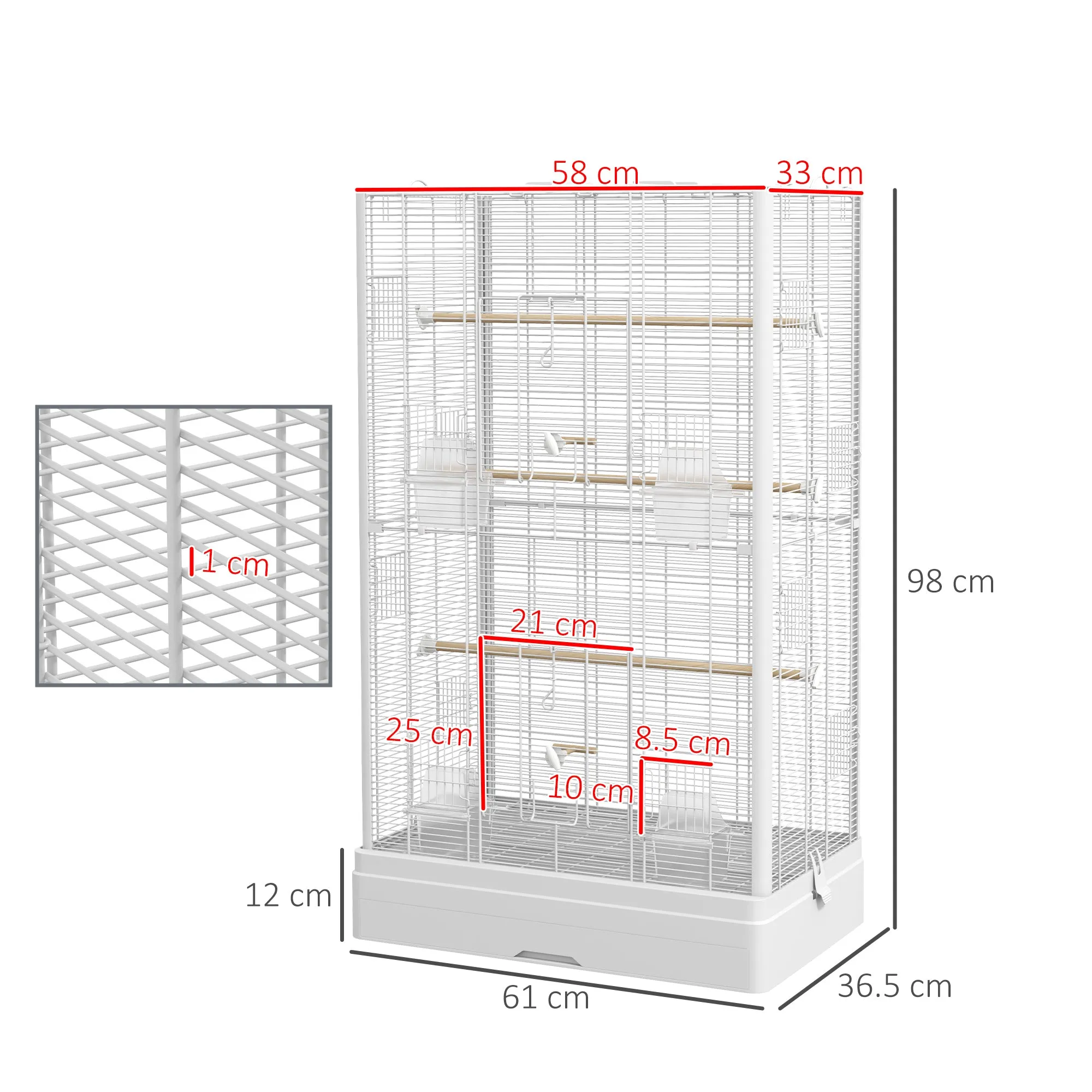 PawHut Bird Cage with Removable Tray and Perches, Parrot Aviary, 61x36.5x98 cm, White - Image 3