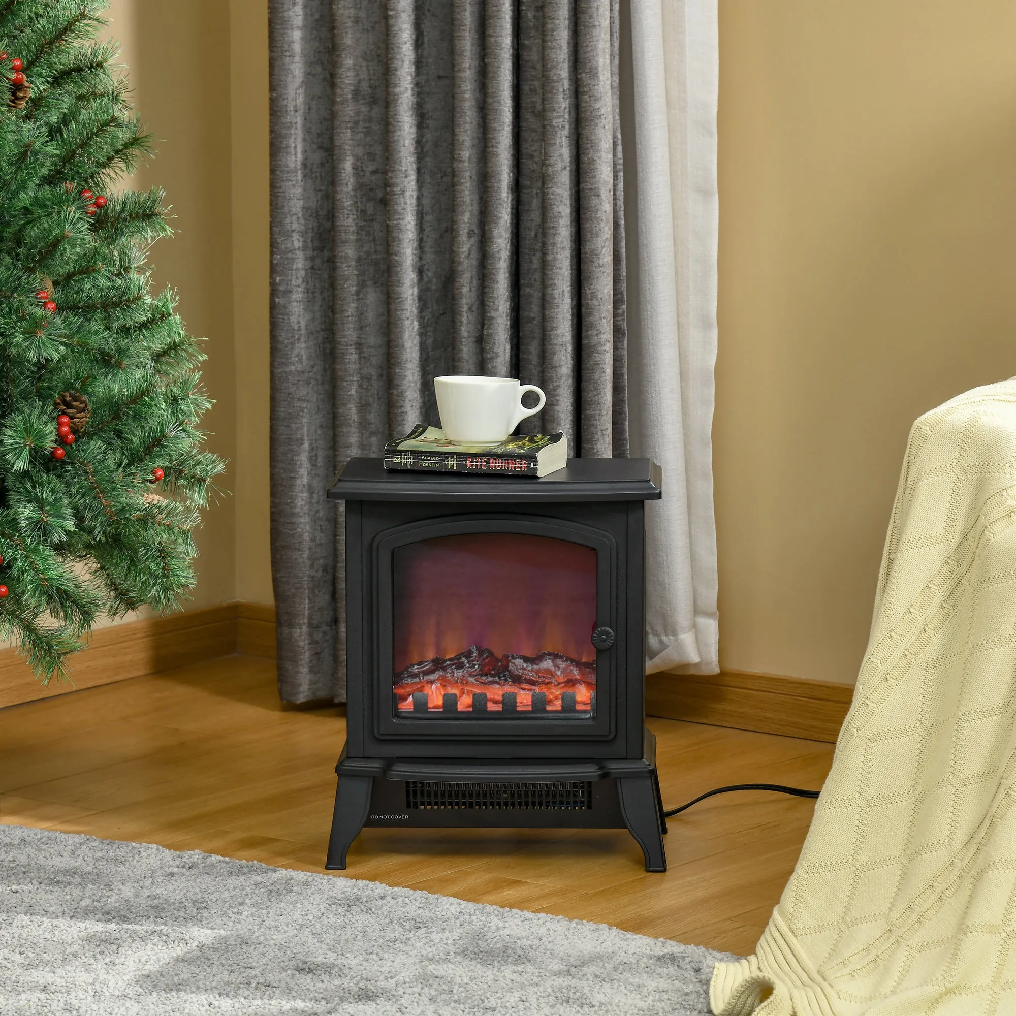 Portable Electric Fireplace 1000W/2000W with Flame Effect, ABS and Tempered Glass, 36.5x24x45.5 cm, Black - Image 2
