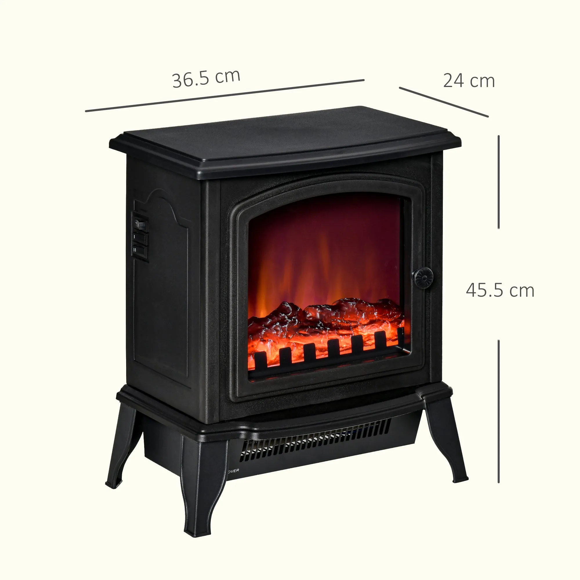 Portable Electric Fireplace 1000W/2000W with Flame Effect, ABS and Tempered Glass, 36.5x24x45.5 cm, Black - Image 3