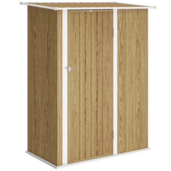 Outsunny Metal Tool Shed with Sloped Roof and Lockable Door, 142x86x189 cm, Wood Color