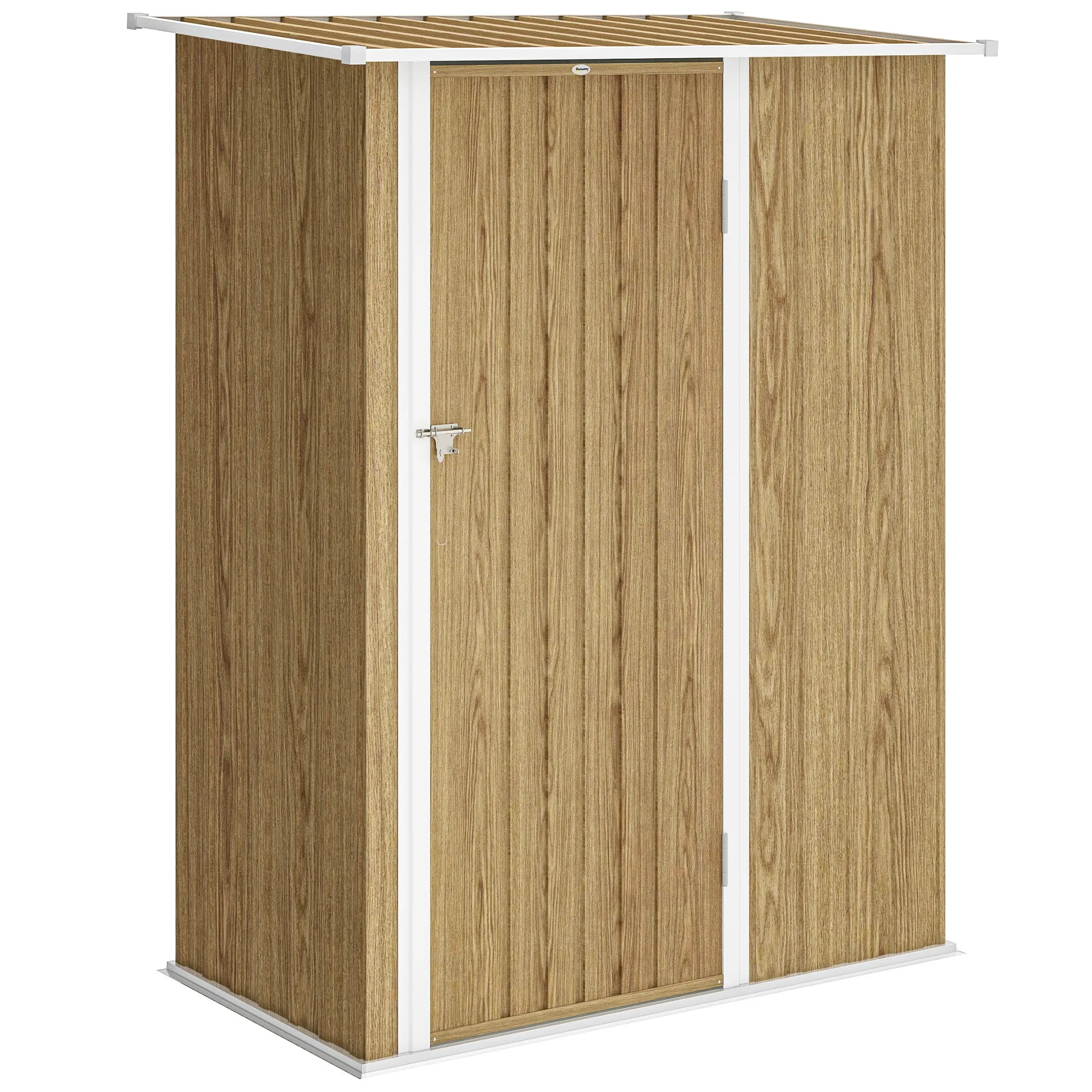 Outsunny Metal Tool Shed with Sloped Roof and Lockable Door, 142x86x189 cm, Wood Color
