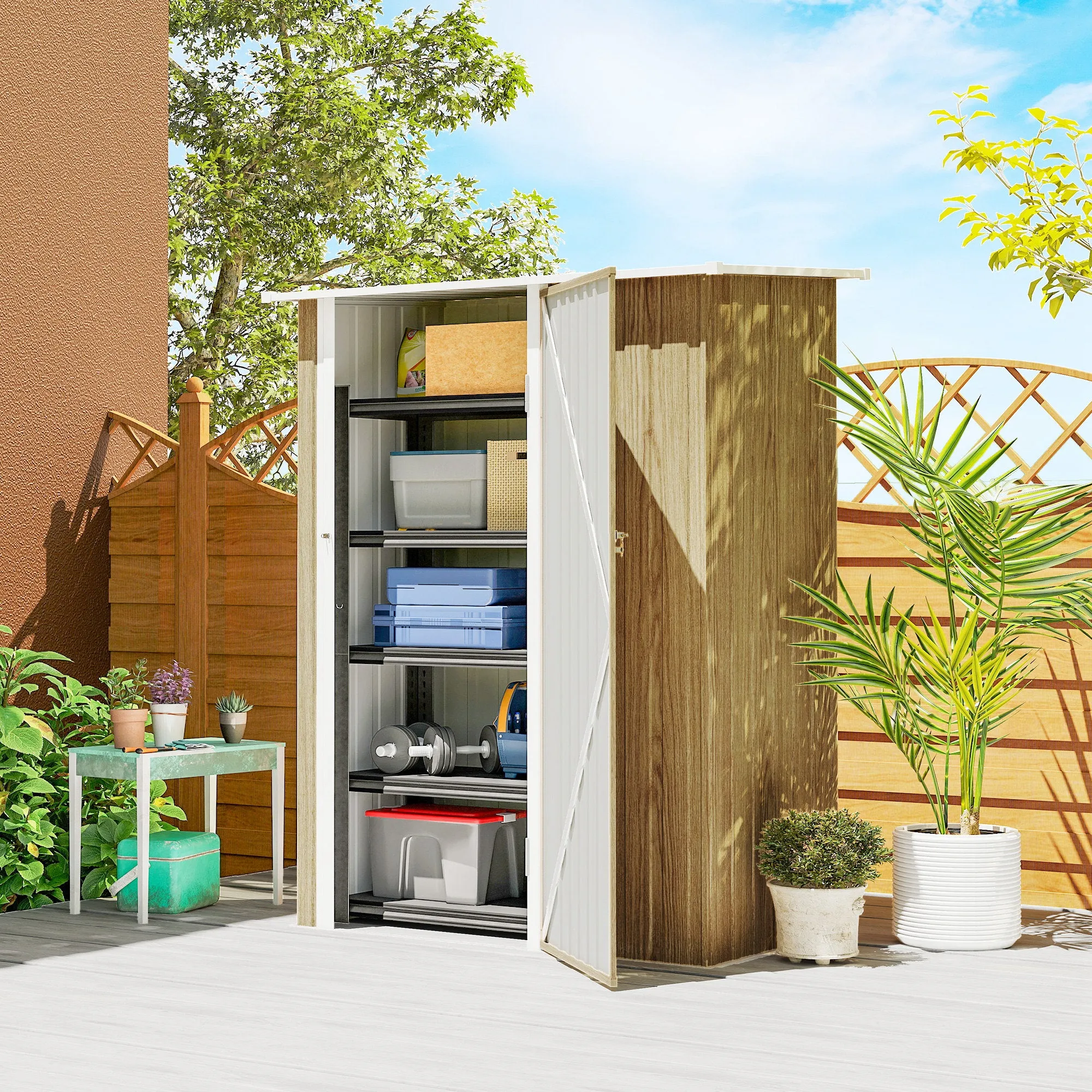 Outsunny Metal Tool Shed with Sloped Roof and Lockable Door, 142x86x189 cm, Wood Color - Image 2