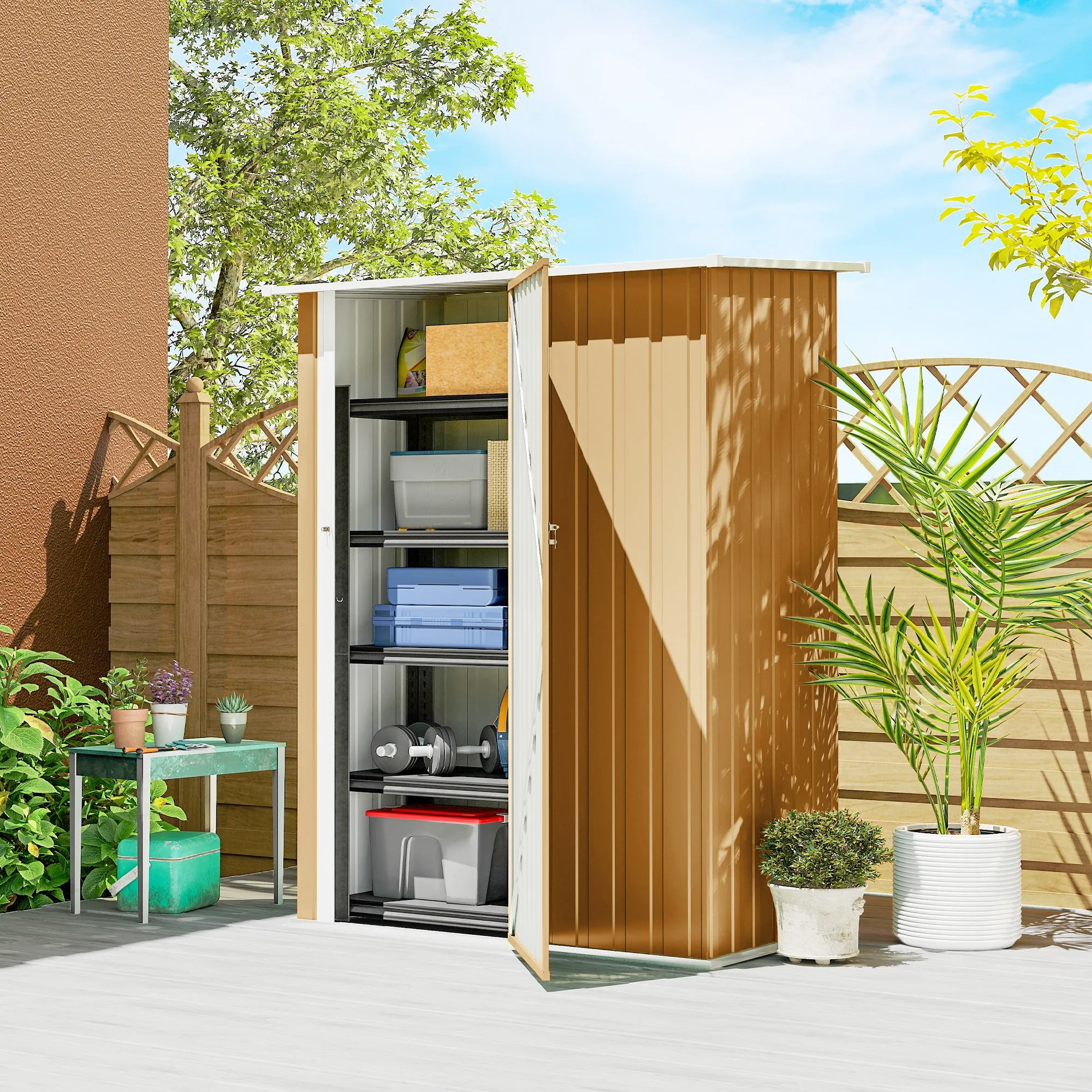 Outsunny Metal Tool Shed with Sloped Roof and Lockable Door, 142x86x189 cm, Yellow - Image 2
