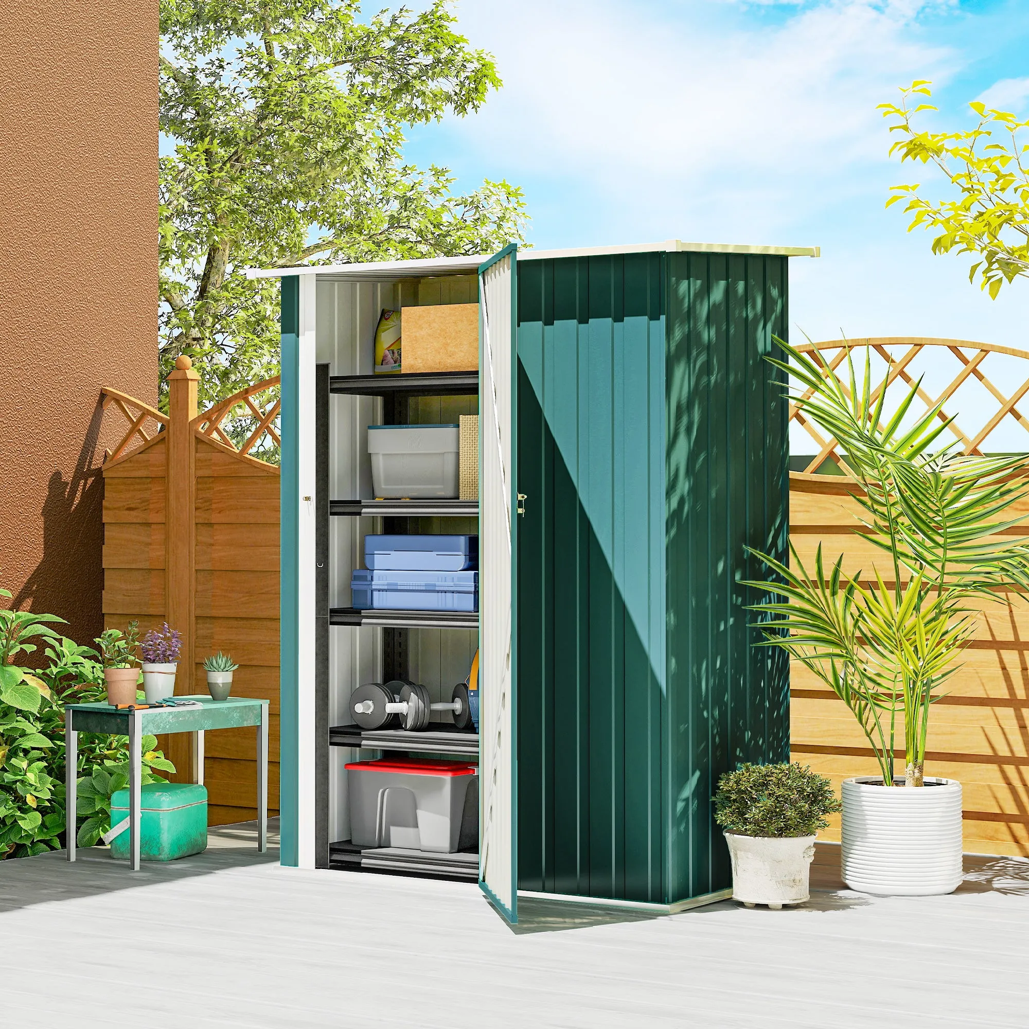 Outsunny Metal Tool Shed with Sloped Roof and Lockable Door, 142x86x189 cm, Green - Image 2