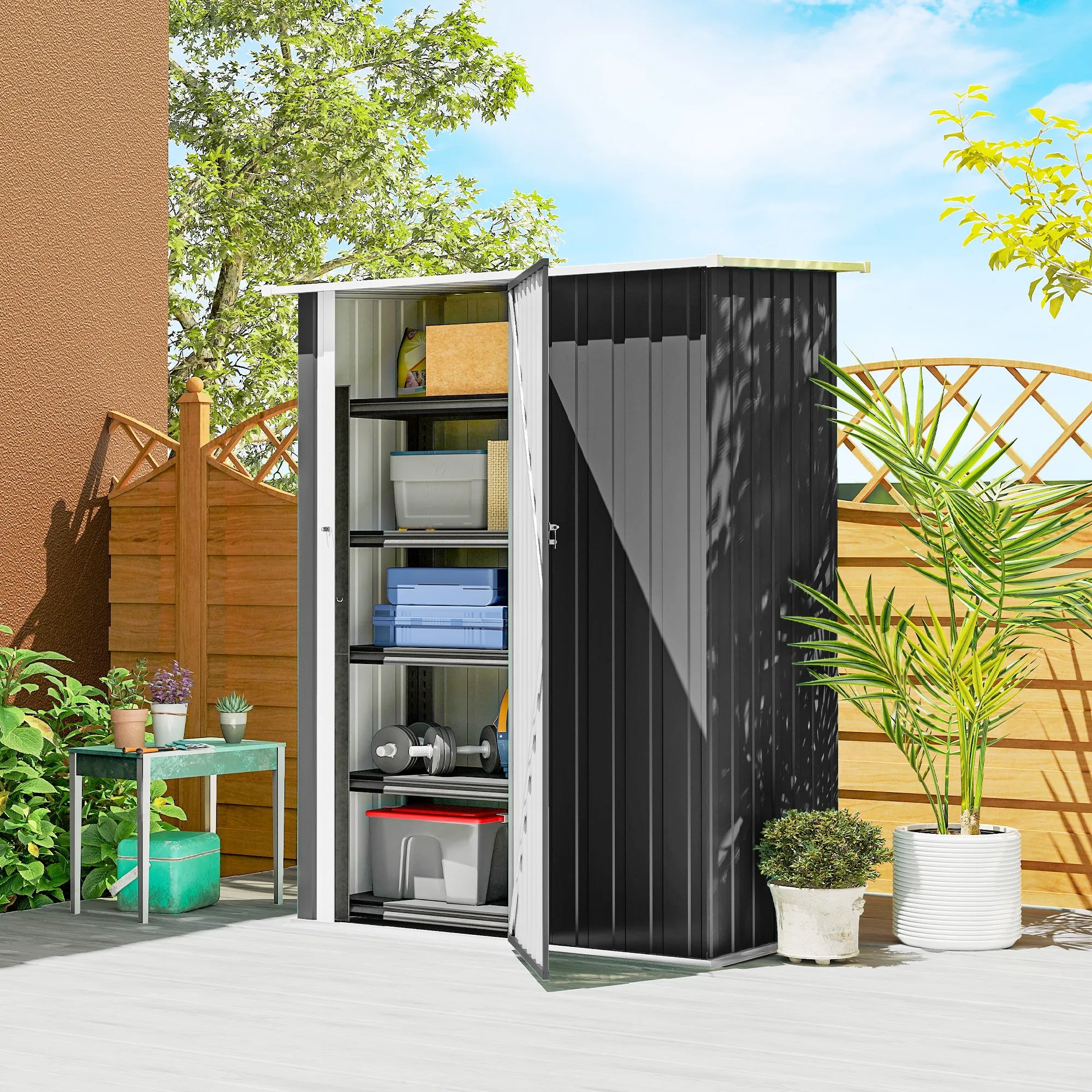 Outsunny Metal Tool Shed with Sloped Roof and Lockable Door, 142x86x189 cm, Dark Grey - Image 2