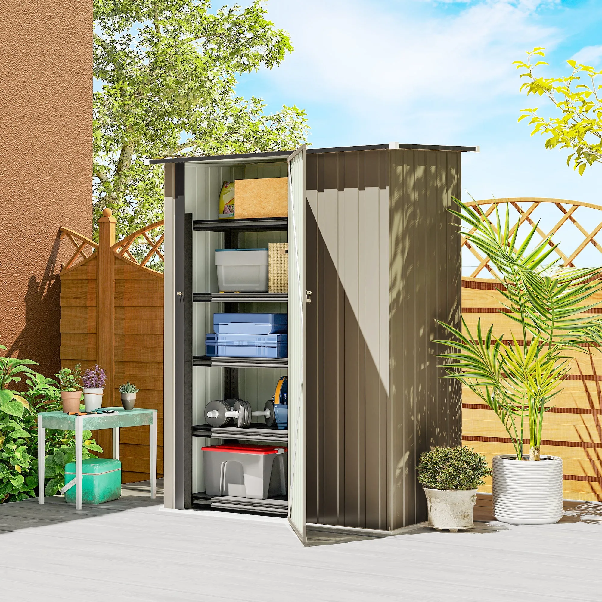 Outsunny Metal Tool Shed with Sloped Roof and Lockable Door, 142x86x189 cm, Brown - Image 2