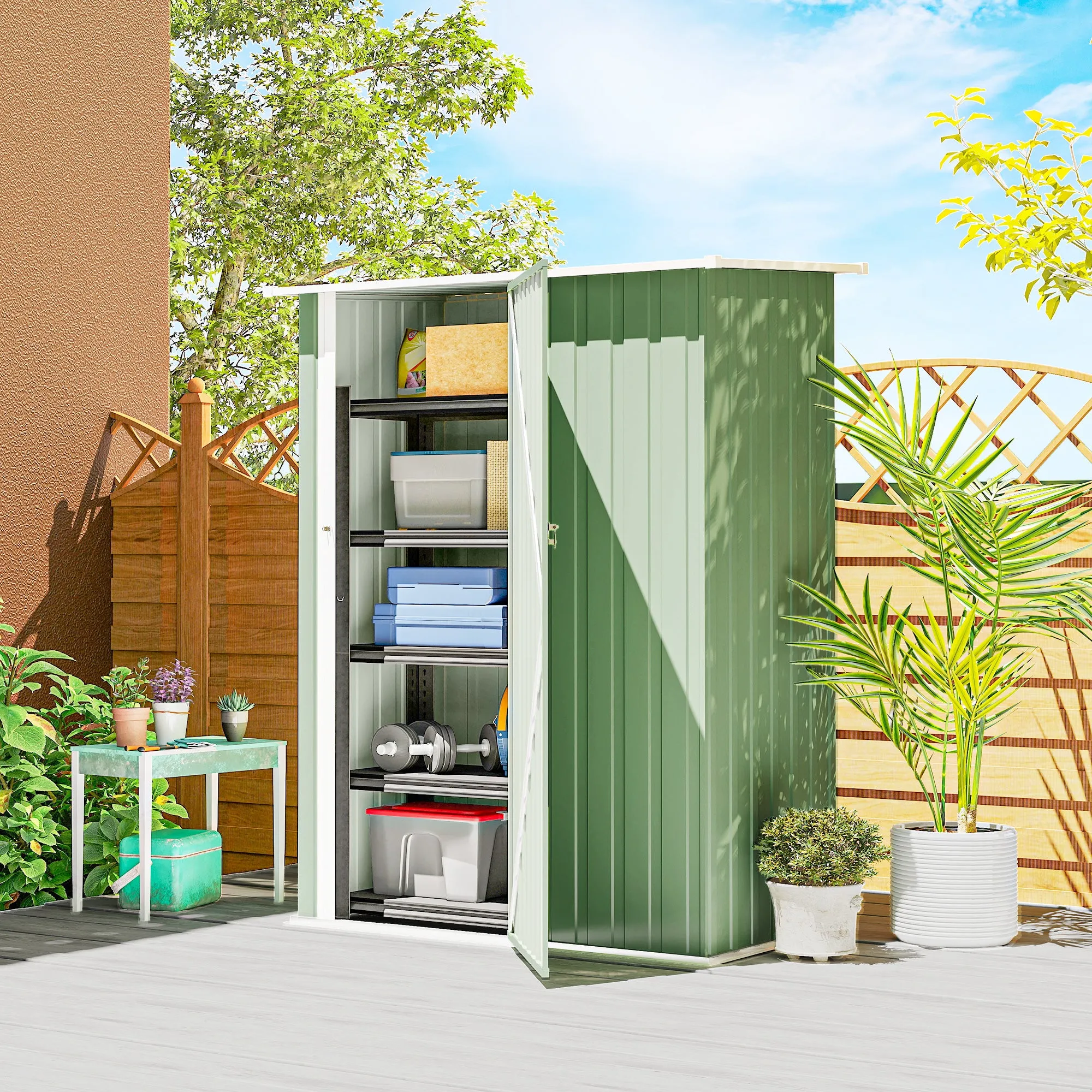 Outsunny Metal Tool Shed with Sloped Roof and Lockable Door, 142x86x189 cm, Light Green - Image 2