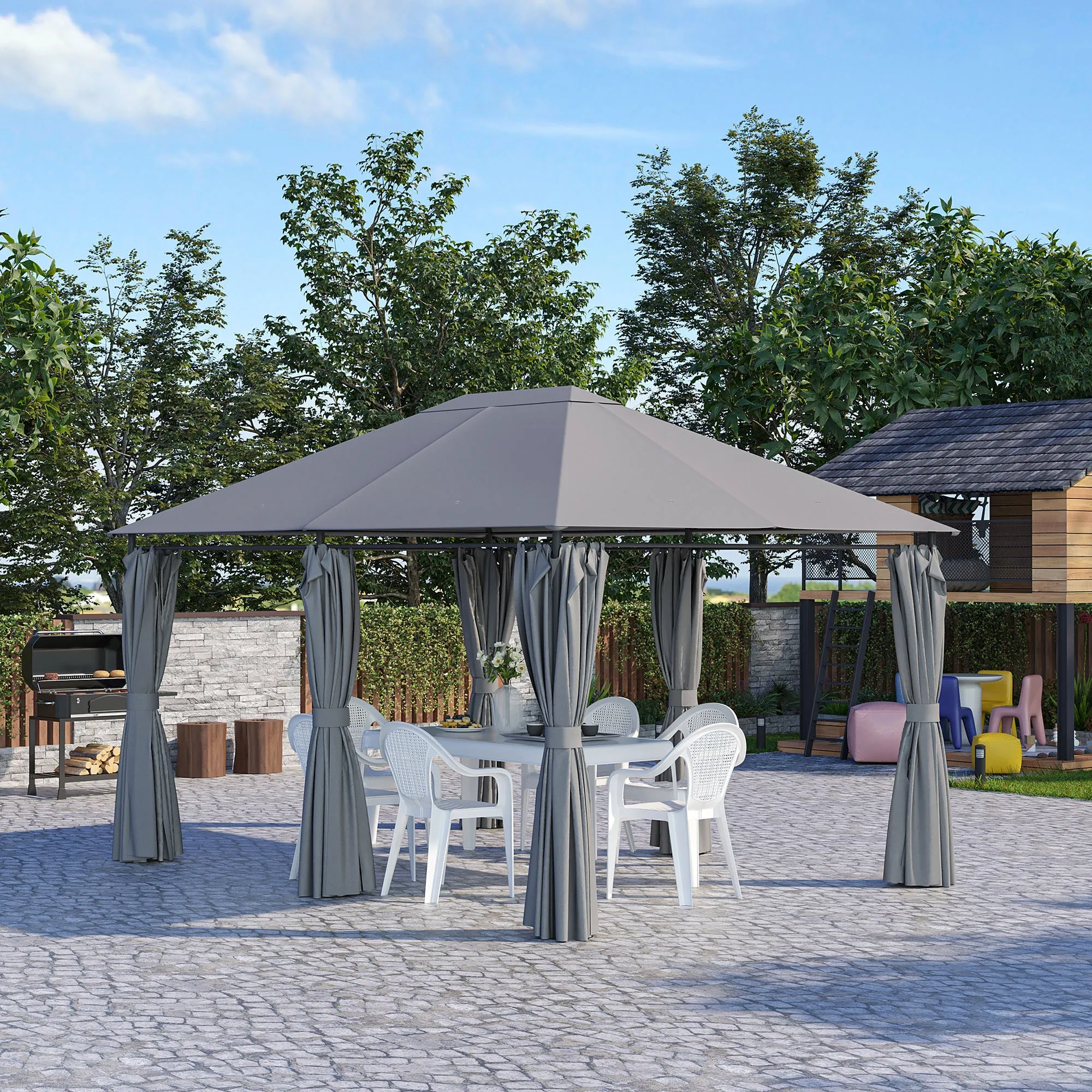 Outsunny Gazebo 3x4 m with 6 Removable Walls, 8 Drainage Holes and 12 Pegs, Steel and Polyester, Grey and Black - Image 2
