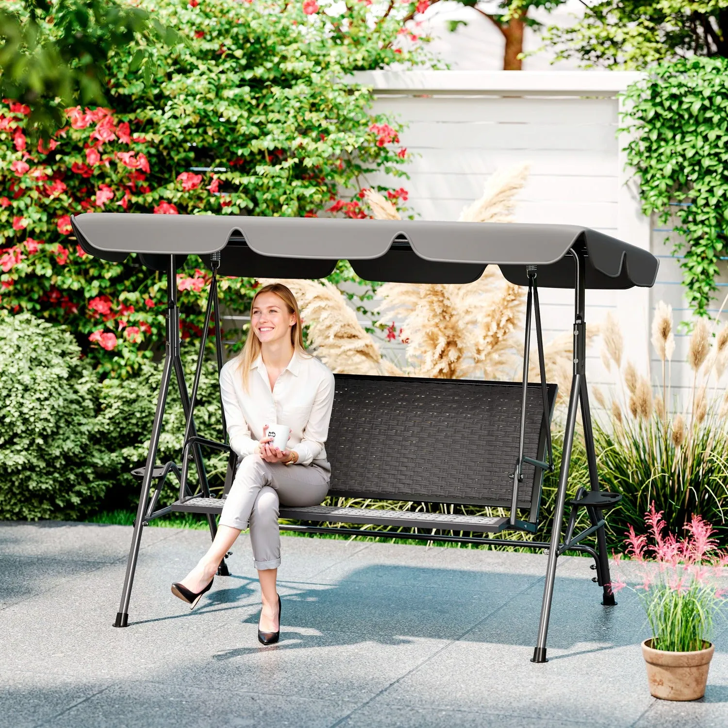 Outsunny 3-Seater Garden Swing in PE Rattan and Steel with Canopy and Cup Holder, 204x112x150 cm, Grey - Image 2
