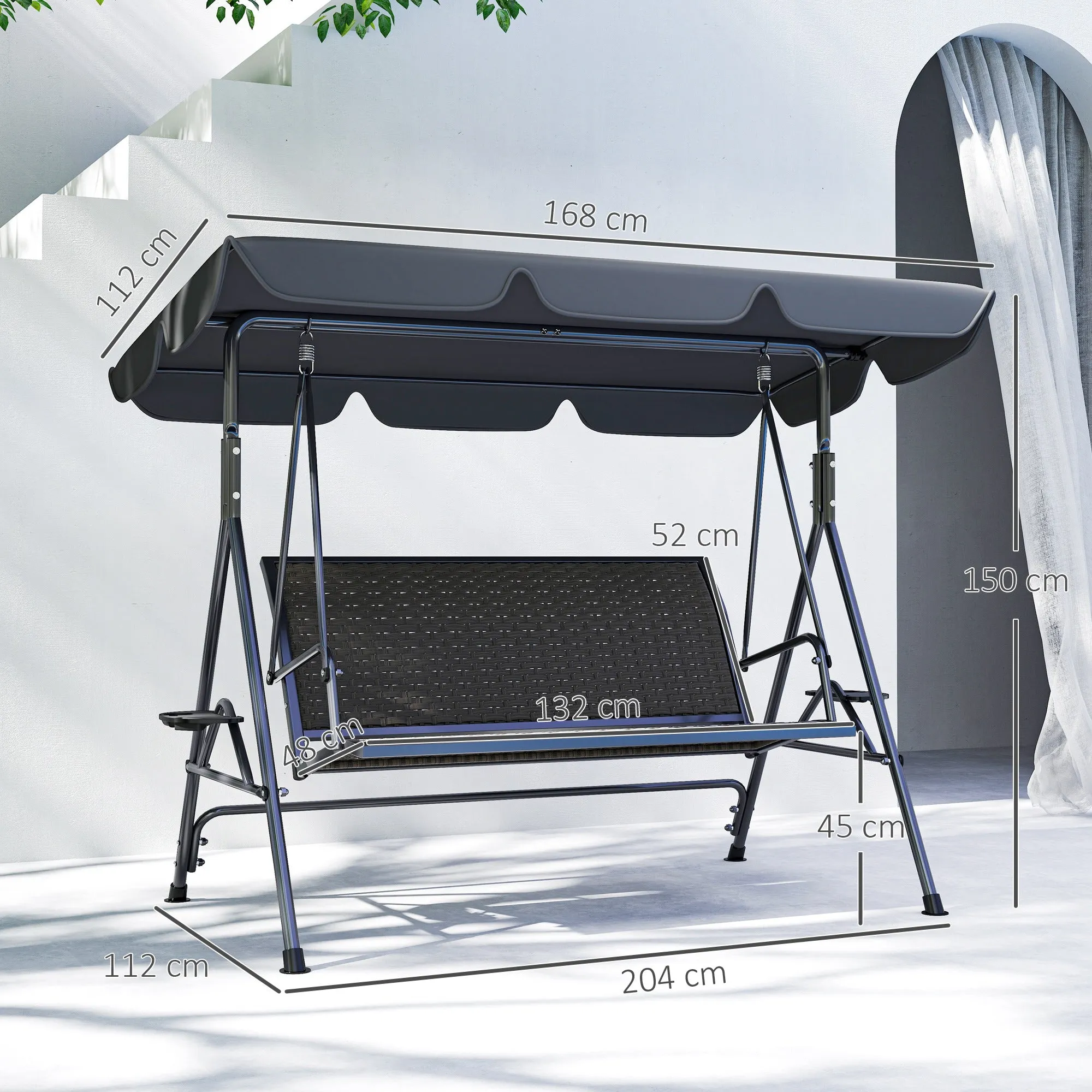 Outsunny 3-Seater Garden Swing in PE Rattan and Steel with Canopy and Cup Holder, 204x112x150 cm, Grey - Image 3