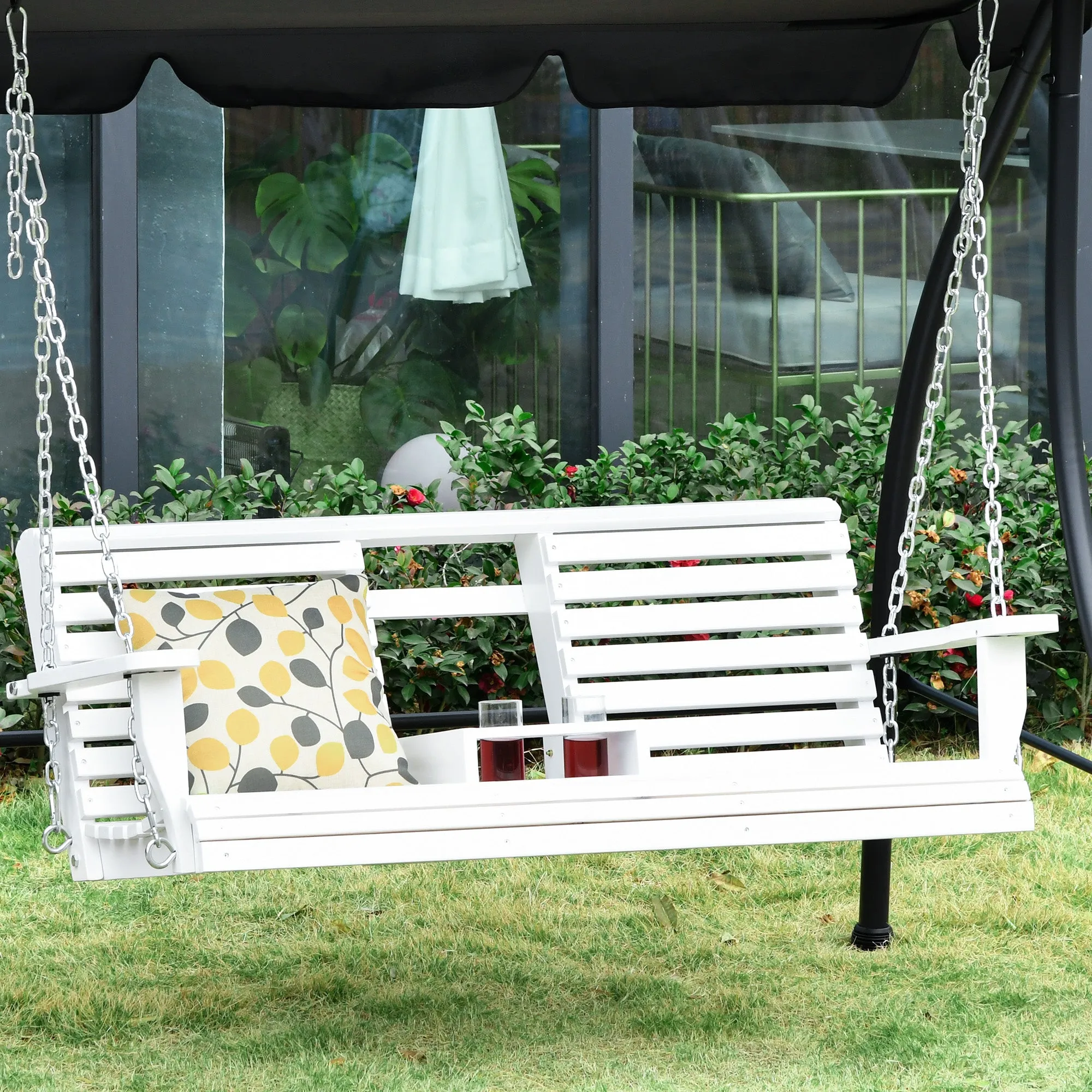 Outsunny 3-Seater Outdoor Swing with Central Table and Cup Holder, Made of Wood and Metal, 150x75x53 cm, White - Image 2
