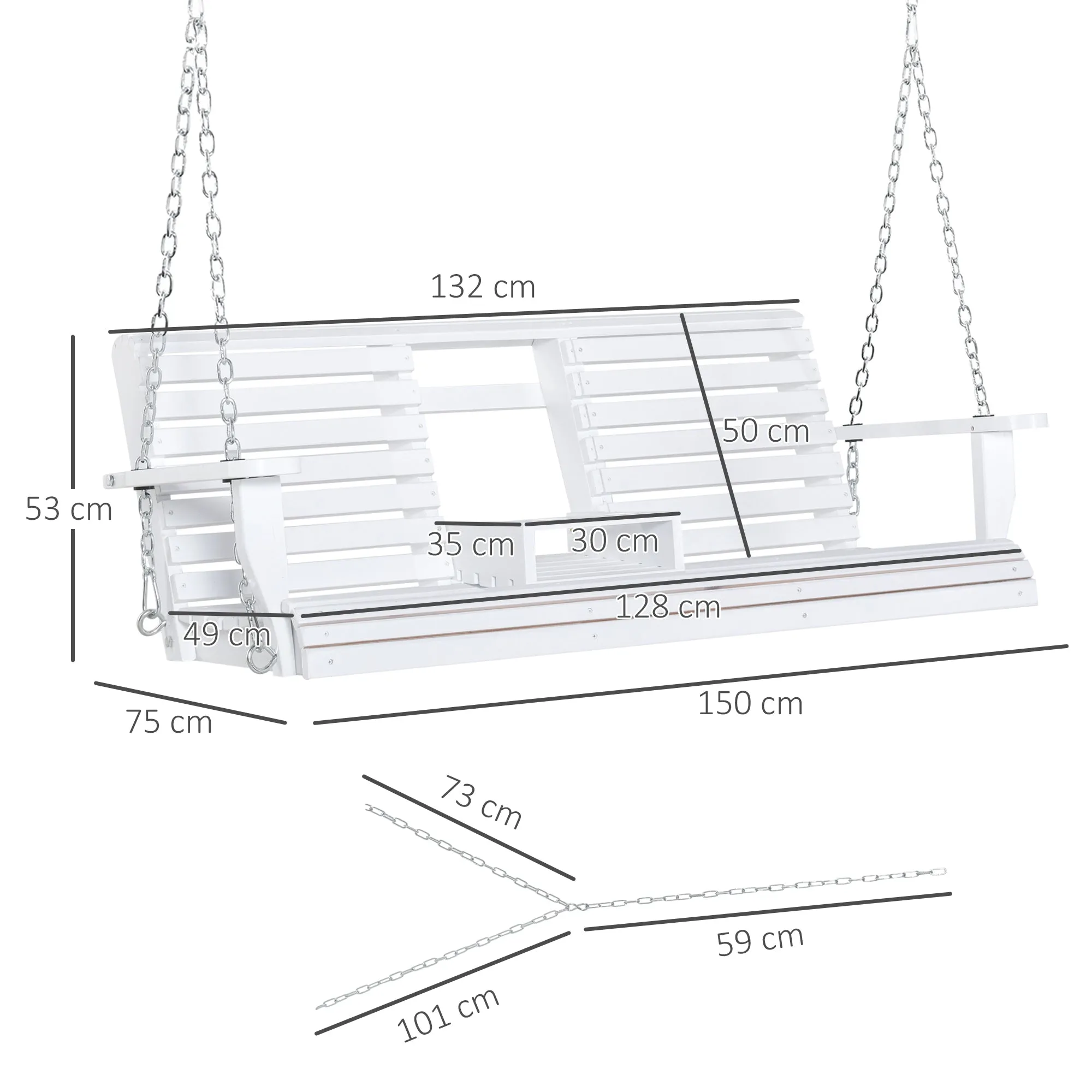 Outsunny 3-Seater Outdoor Swing with Central Table and Cup Holder, Made of Wood and Metal, 150x75x53 cm, White - Image 3