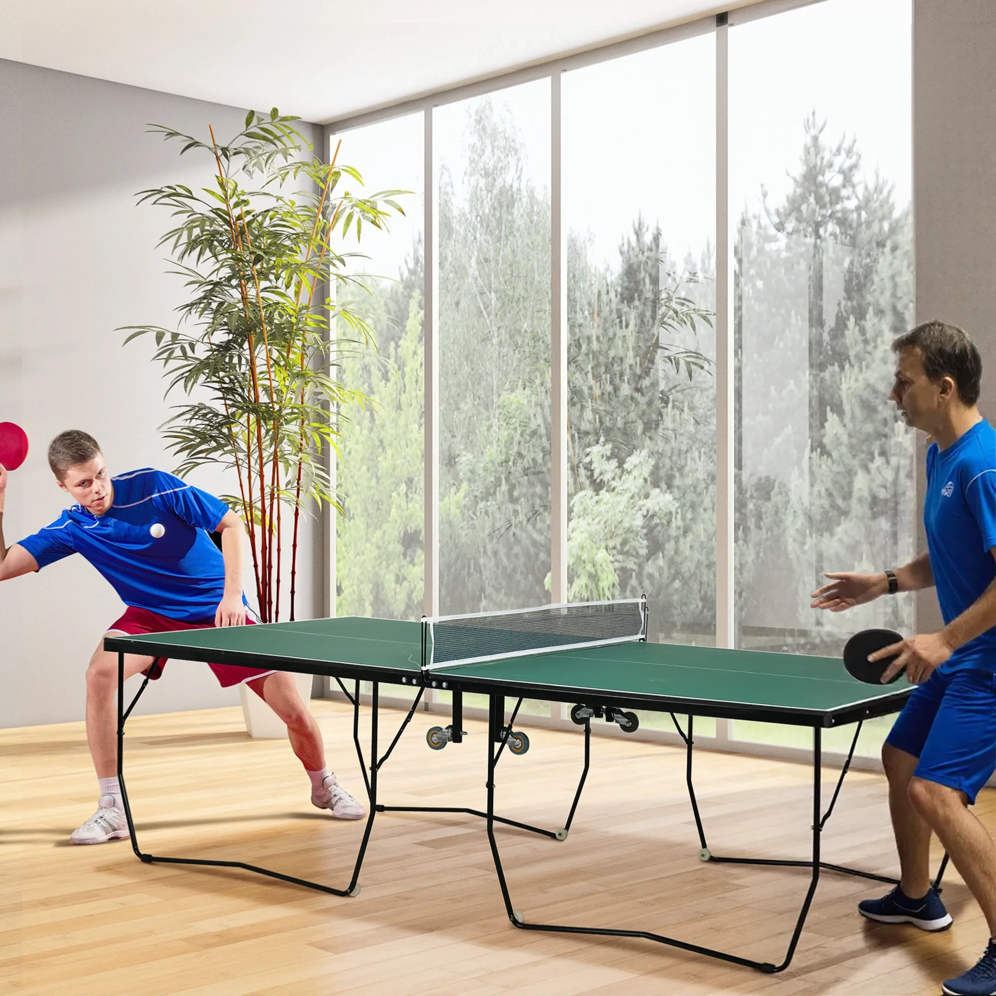SPORTNOW Folding Ping Pong Table with 8 Wheels, 2 Bats, Balls and Net, 274x152.5x72 cm - Image 2
