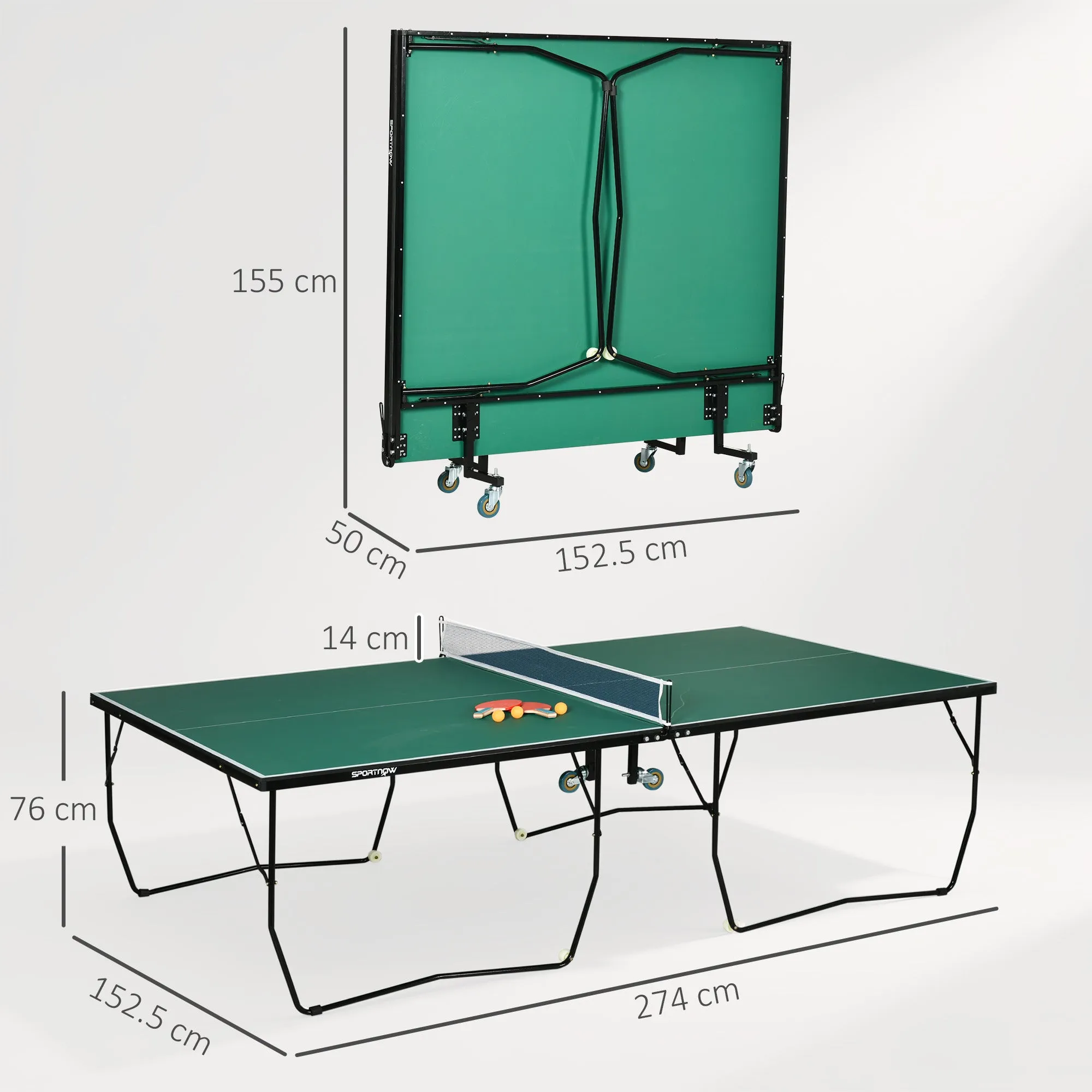 SPORTNOW Folding Ping Pong Table with 8 Wheels, 2 Bats, Balls and Net, 274x152.5x72 cm - Image 3
