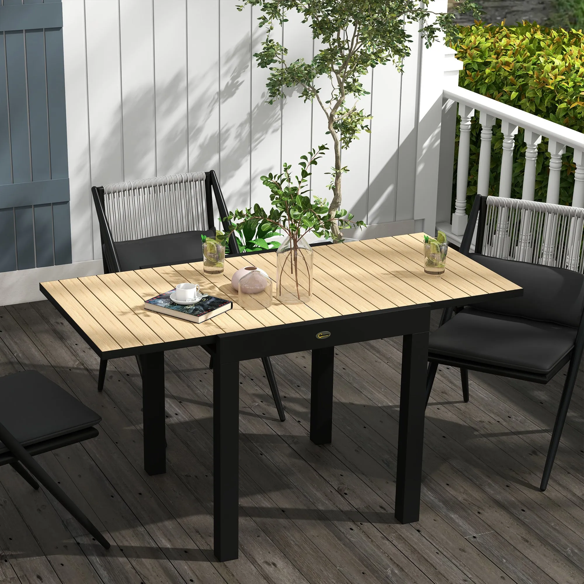 Outsunny Extendable Garden Table for 4-6 People with Slatted Top, Aluminum, 81/162x80x75 cm, Yellow - Image 2