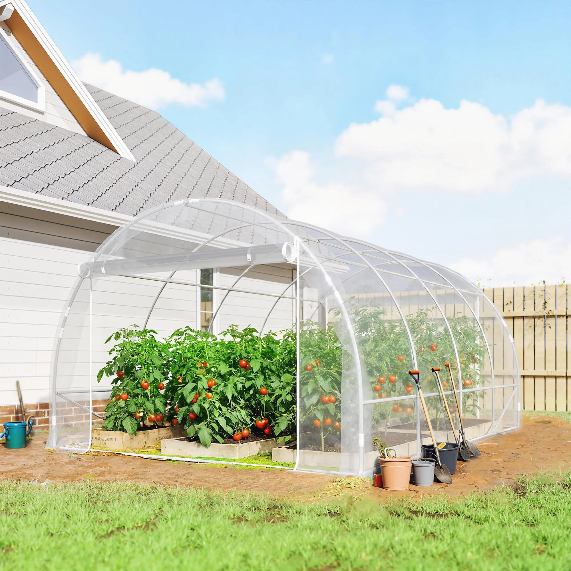 Outsunny 3x4x2 m Tunnel Greenhouse with Roller Doors, Steel Frame and Anti-UV PE Cover, Transparent - Image 2