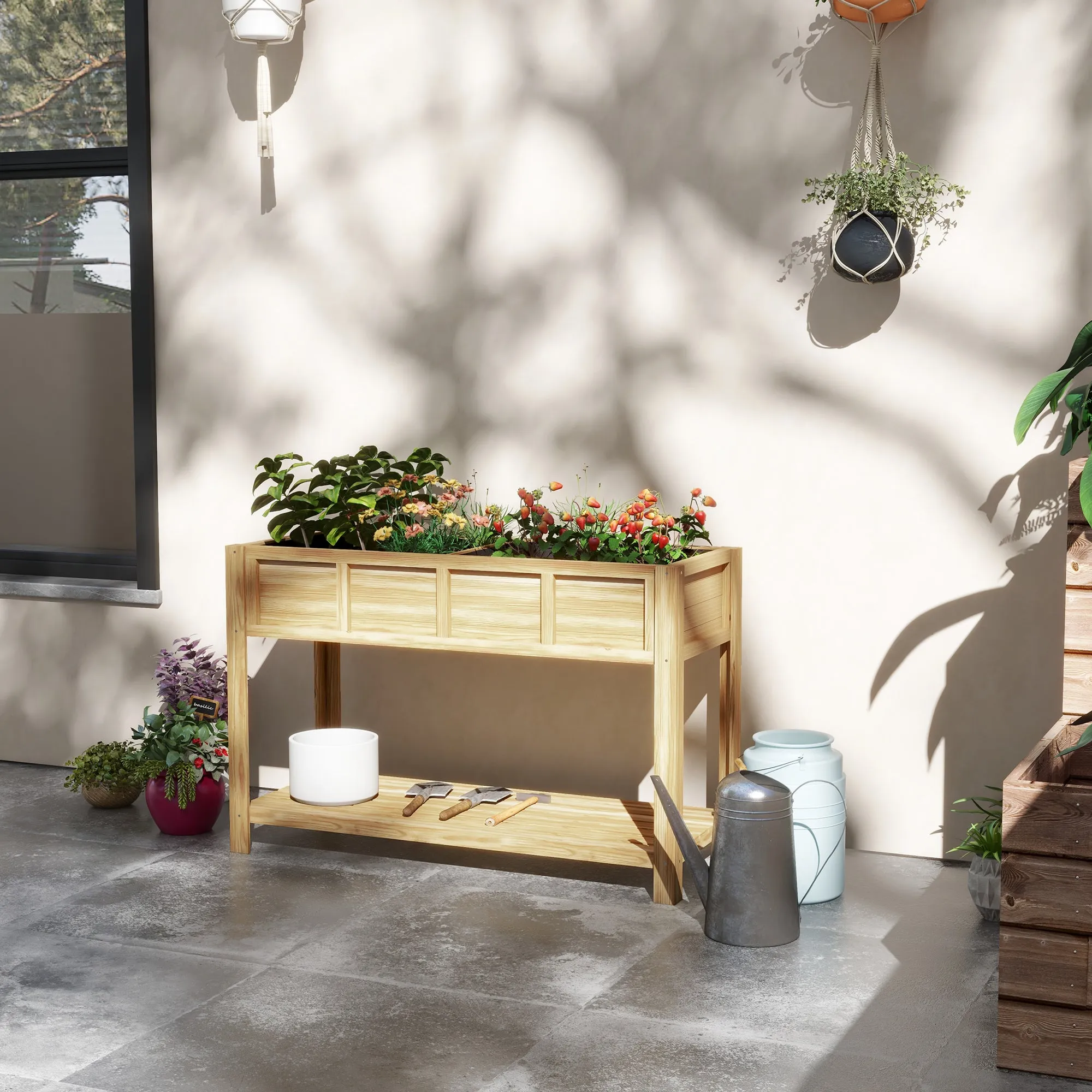 Outsunny Raised Wooden Planter with Bottom Shelf, Divider, Drainage Holes, 115x46x75 cm, Wood Color - Image 2