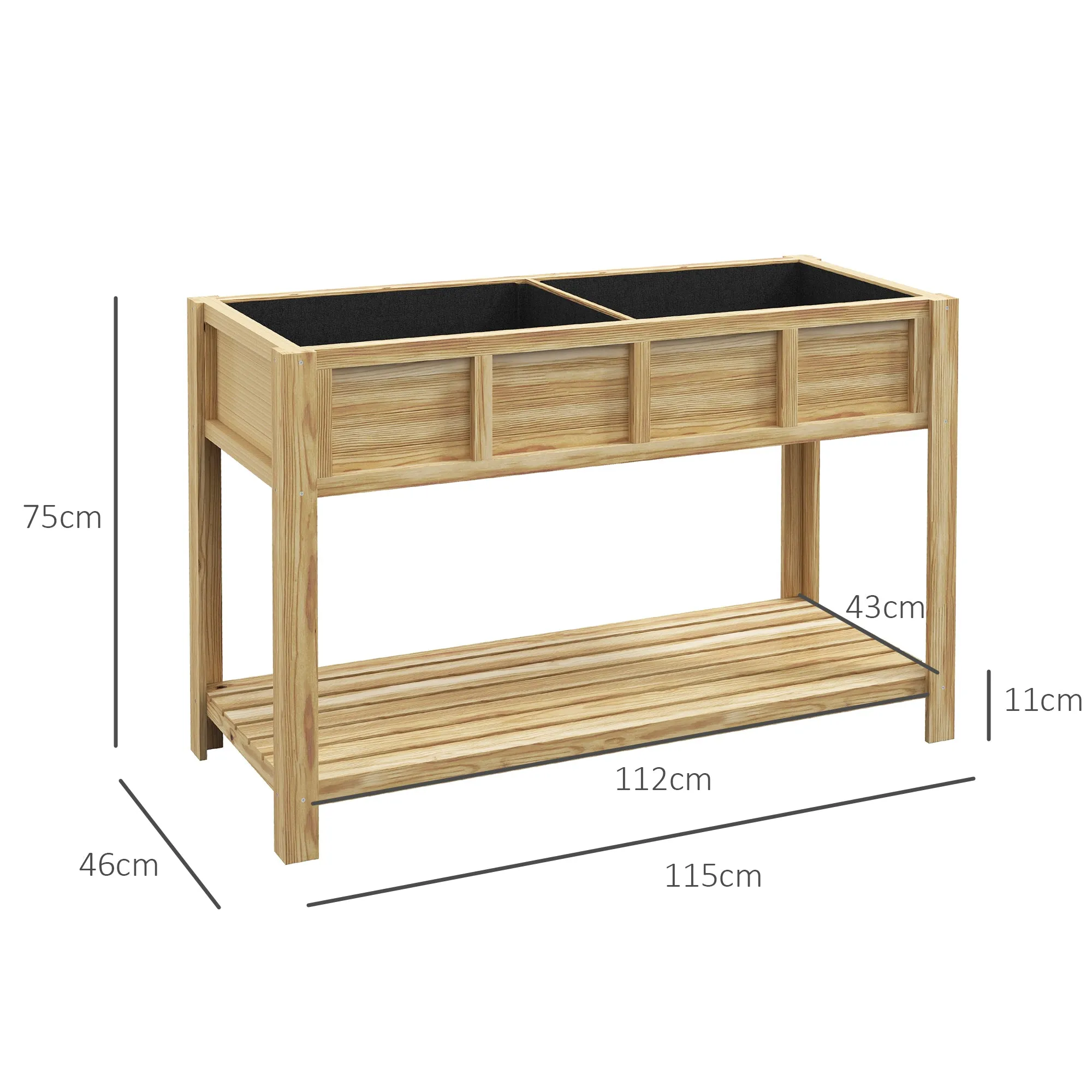 Outsunny Raised Wooden Planter with Bottom Shelf, Divider, Drainage Holes, 115x46x75 cm, Wood Color - Image 3
