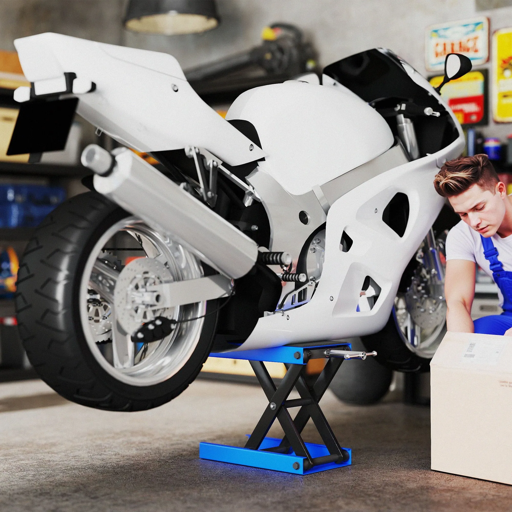DURHAND Folding and Non-Slip Motorcycle Stand in Steel and Rubber, 41.5x23.5x10-37 cm, Blue and Black - Image 2