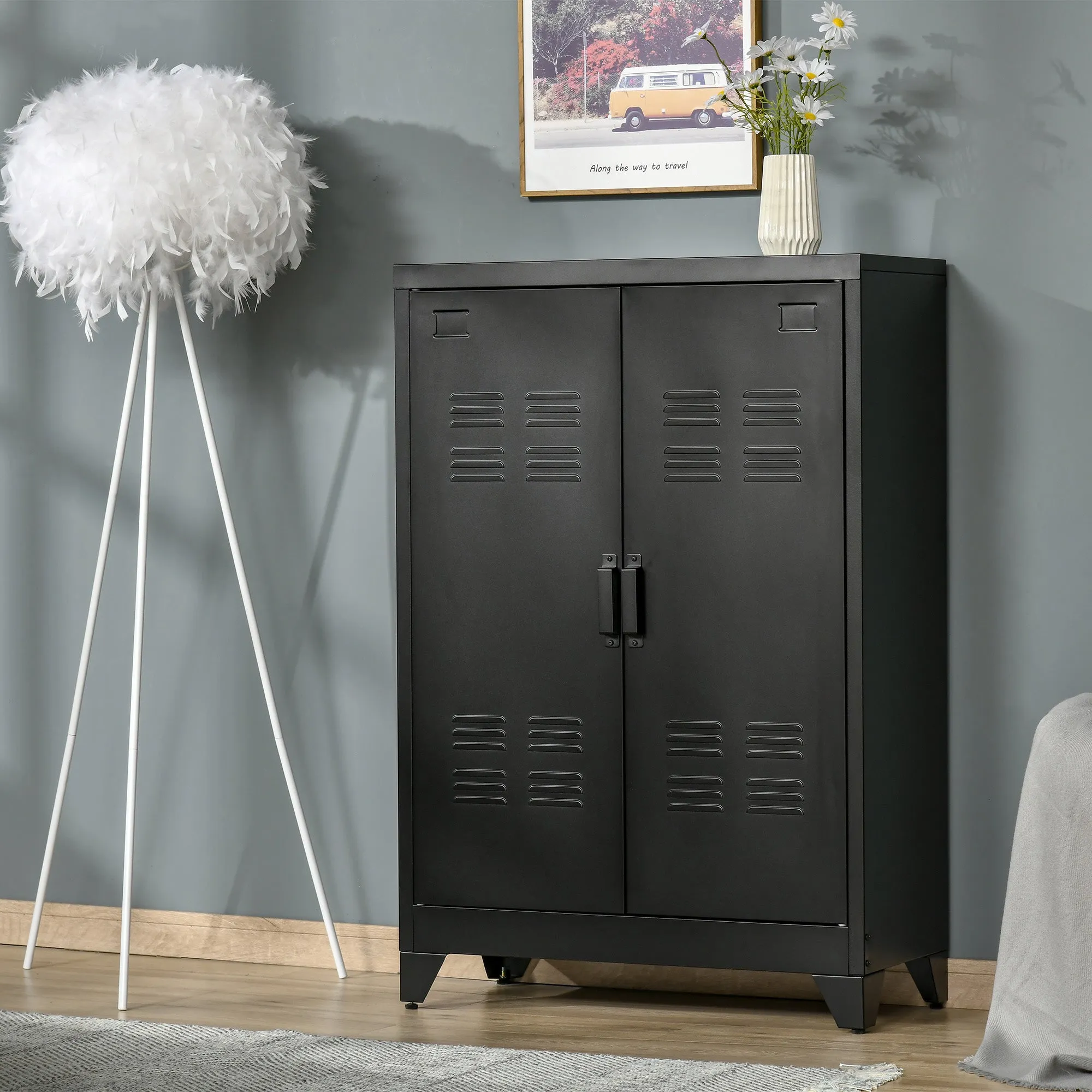 Industrial Style 2-Door Metal Storage Cabinet for Home and Garage, 75x33x110 cm, Black - Image 2