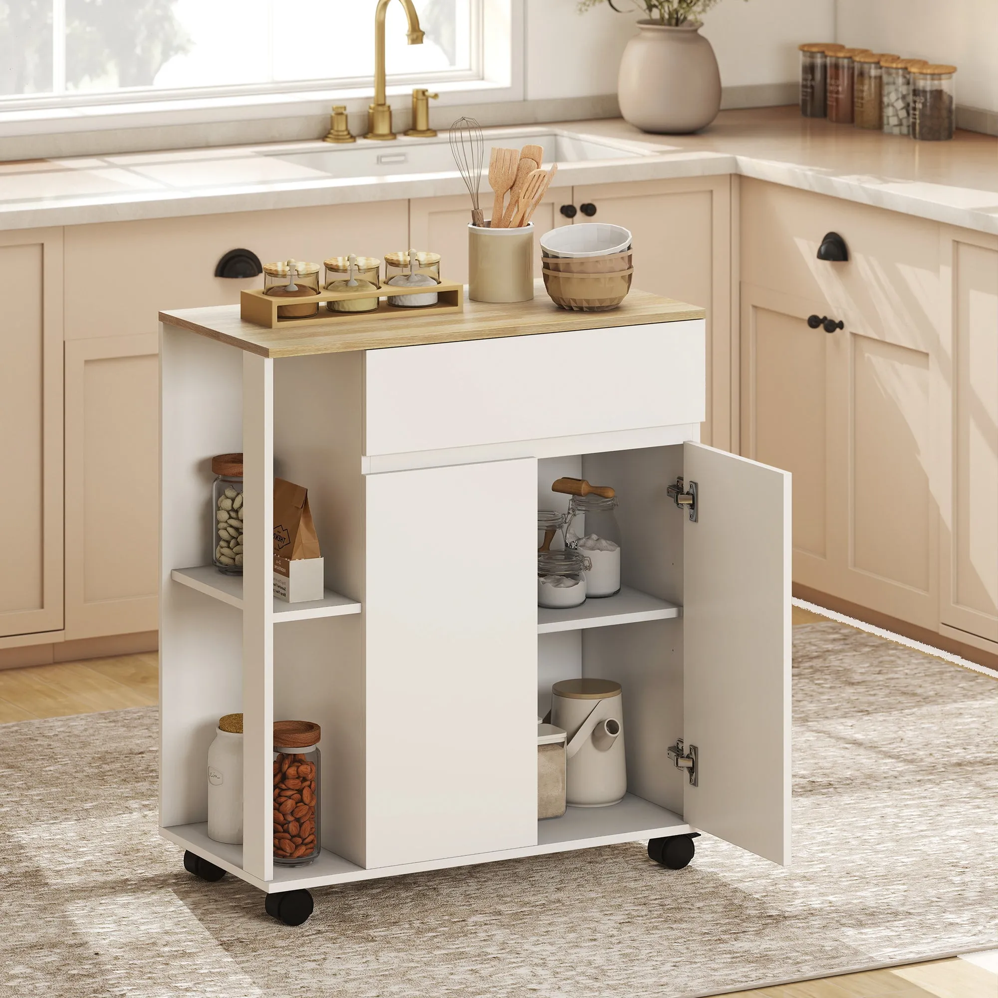 Kitchen Trolley with Drawer, Cabinet and 2 Side Shelves, Wooden, 78x39.5x88.5 cm, White and Oak - Image 2