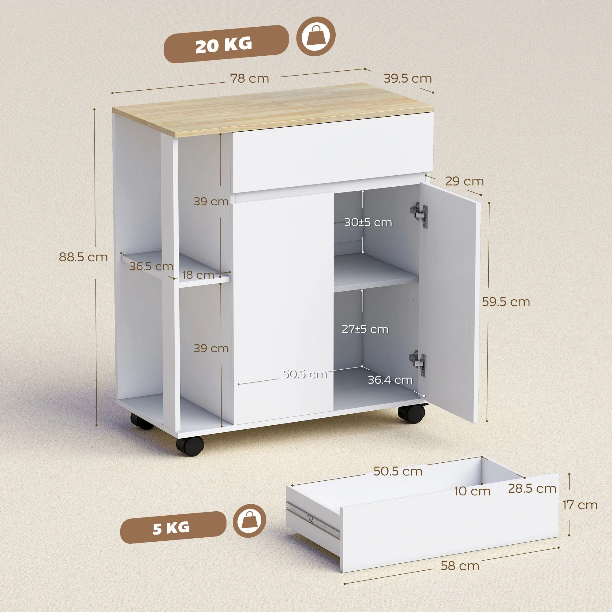 Kitchen Trolley with Drawer, Cabinet and 2 Side Shelves, Wooden, 78x39.5x88.5 cm, White and Oak - Image 3