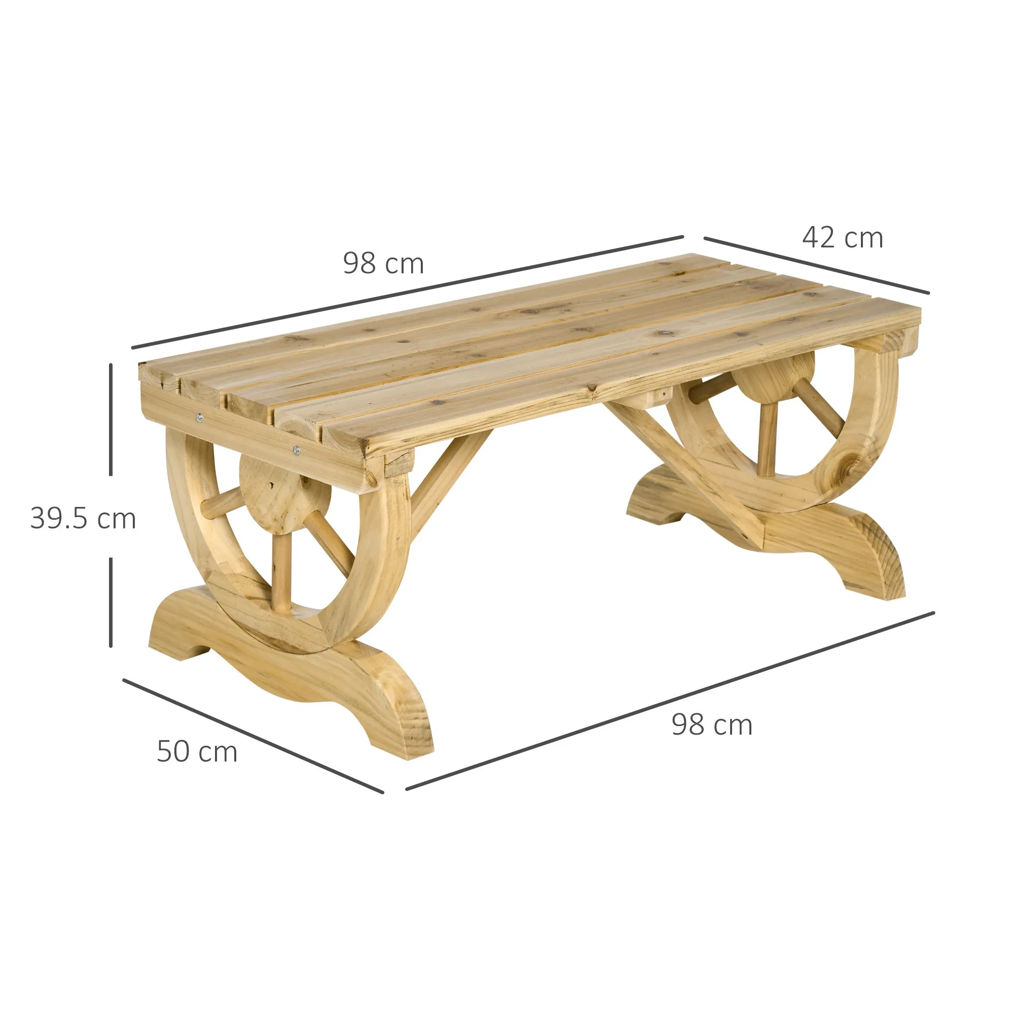Outsunny 2-Seater Garden Bench with Slatted Frame and Wagon Wheel Legs, Wooden, 98x50x39.5 cm, Wood Color - Image 3