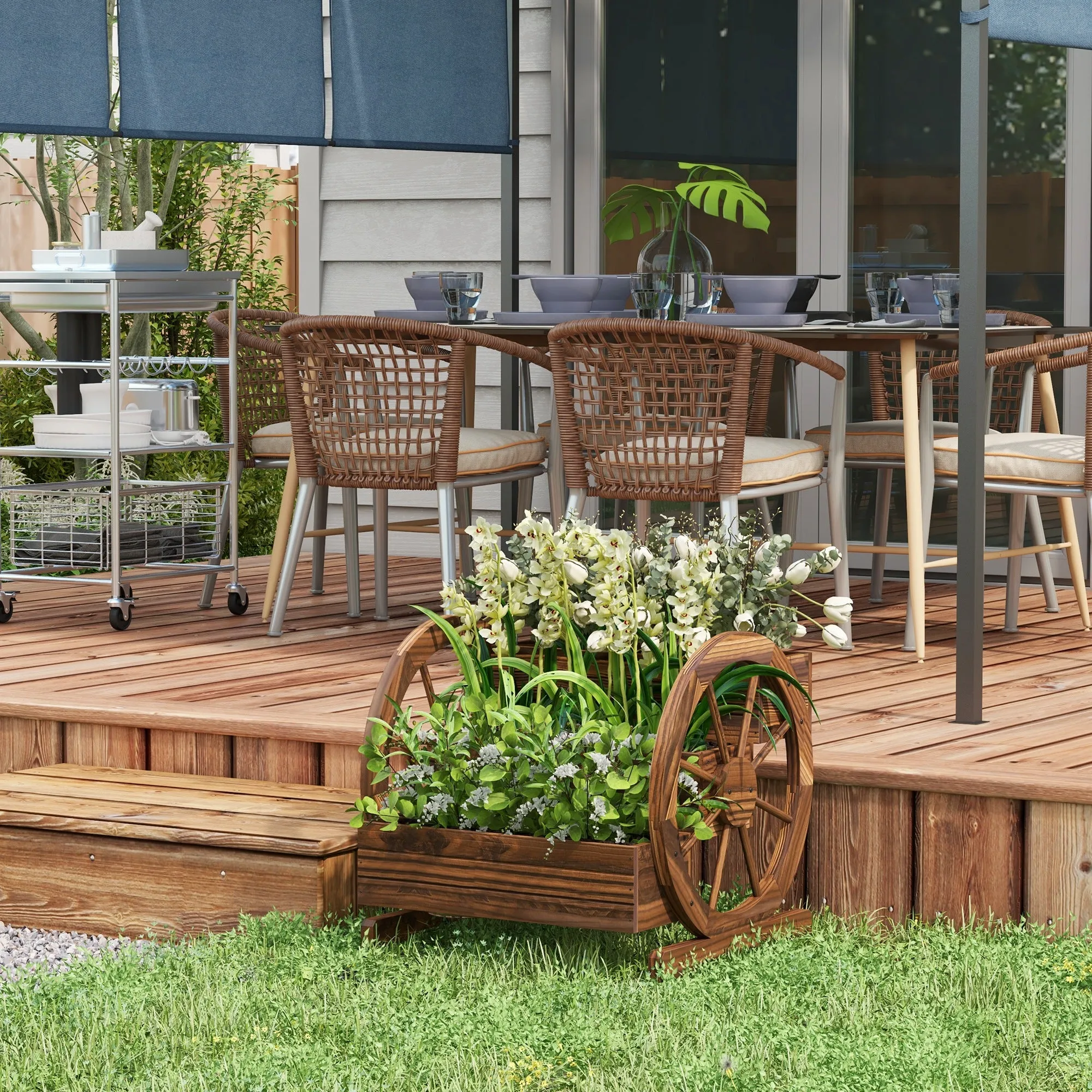 Outsunny 3-Tier Outdoor Planter with Decorative Wheels Made of Carbonized Fir Wood, 62x61x57 cm - Image 2