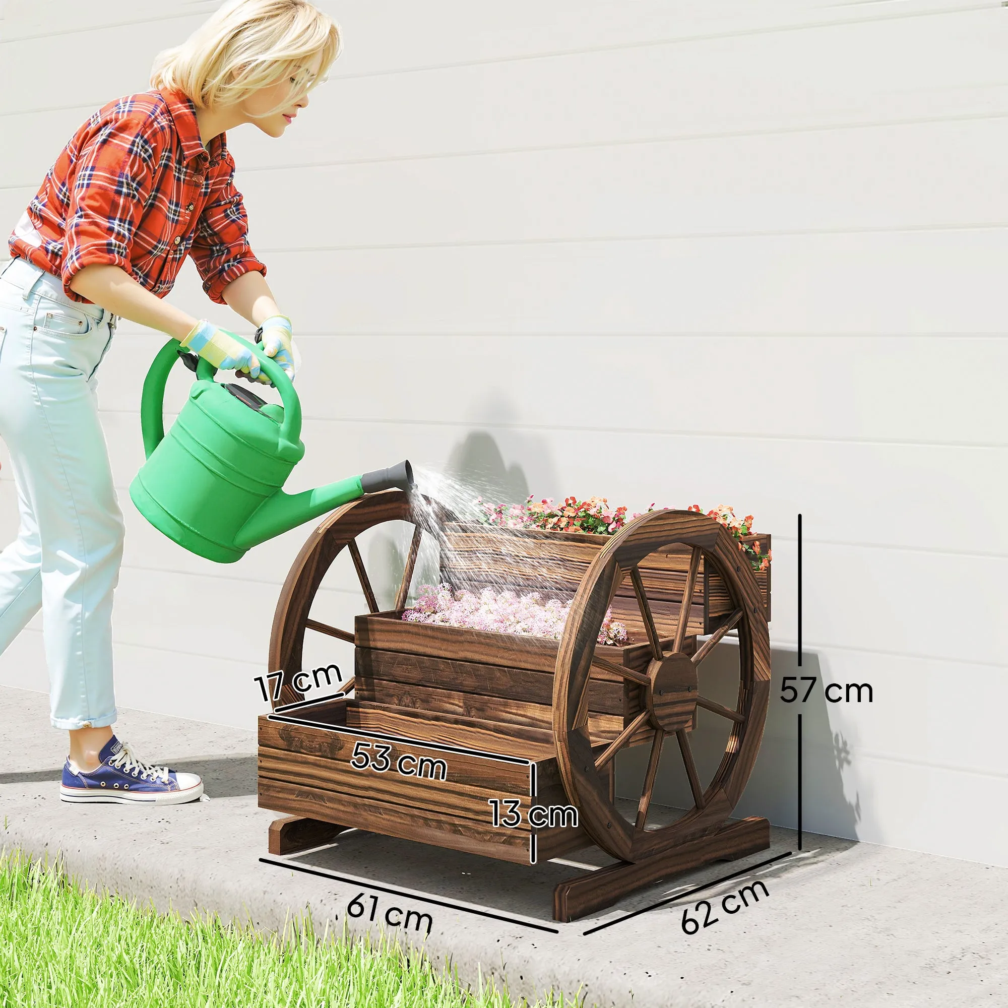 Outsunny 3-Tier Outdoor Planter with Decorative Wheels Made of Carbonized Fir Wood, 62x61x57 cm - Image 3