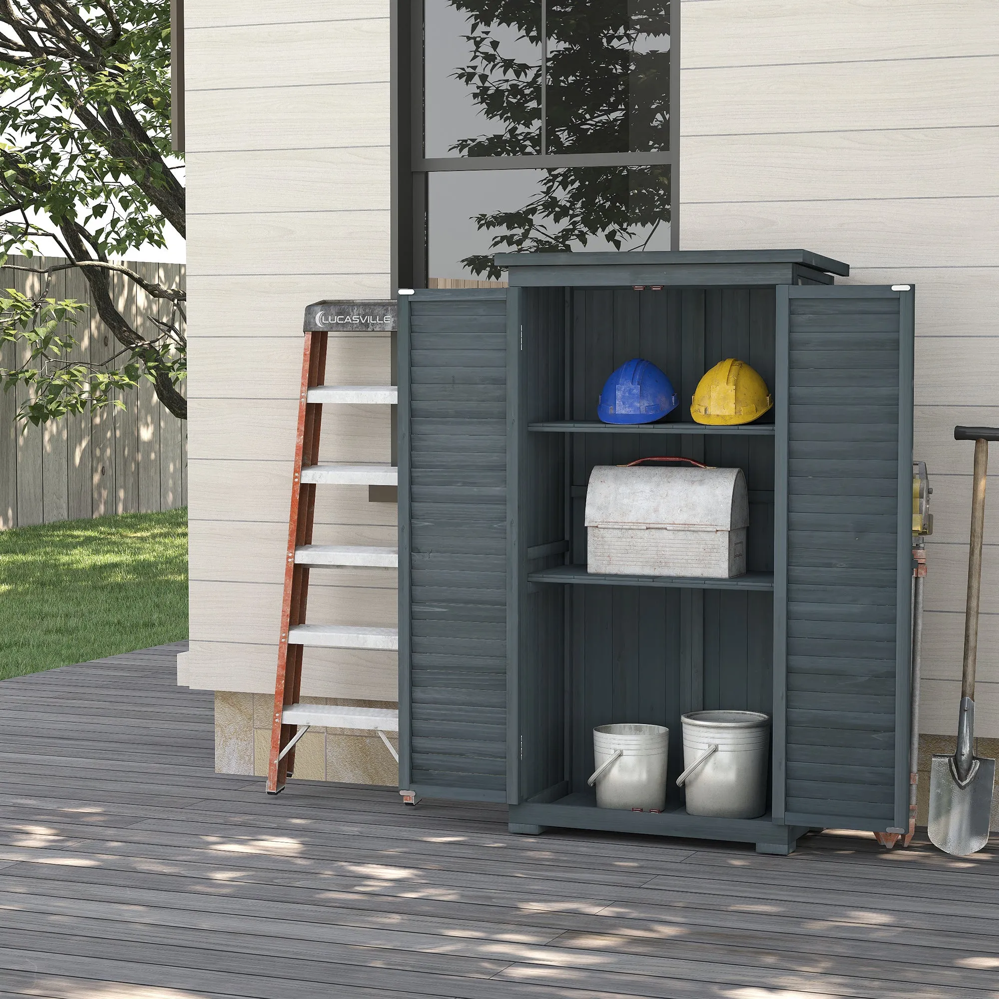 Outsunny Outdoor Wooden Wardrobe with 2 Shutter Doors and Internal Shelves, 87x46.5x160 cm, Grey - Image 2