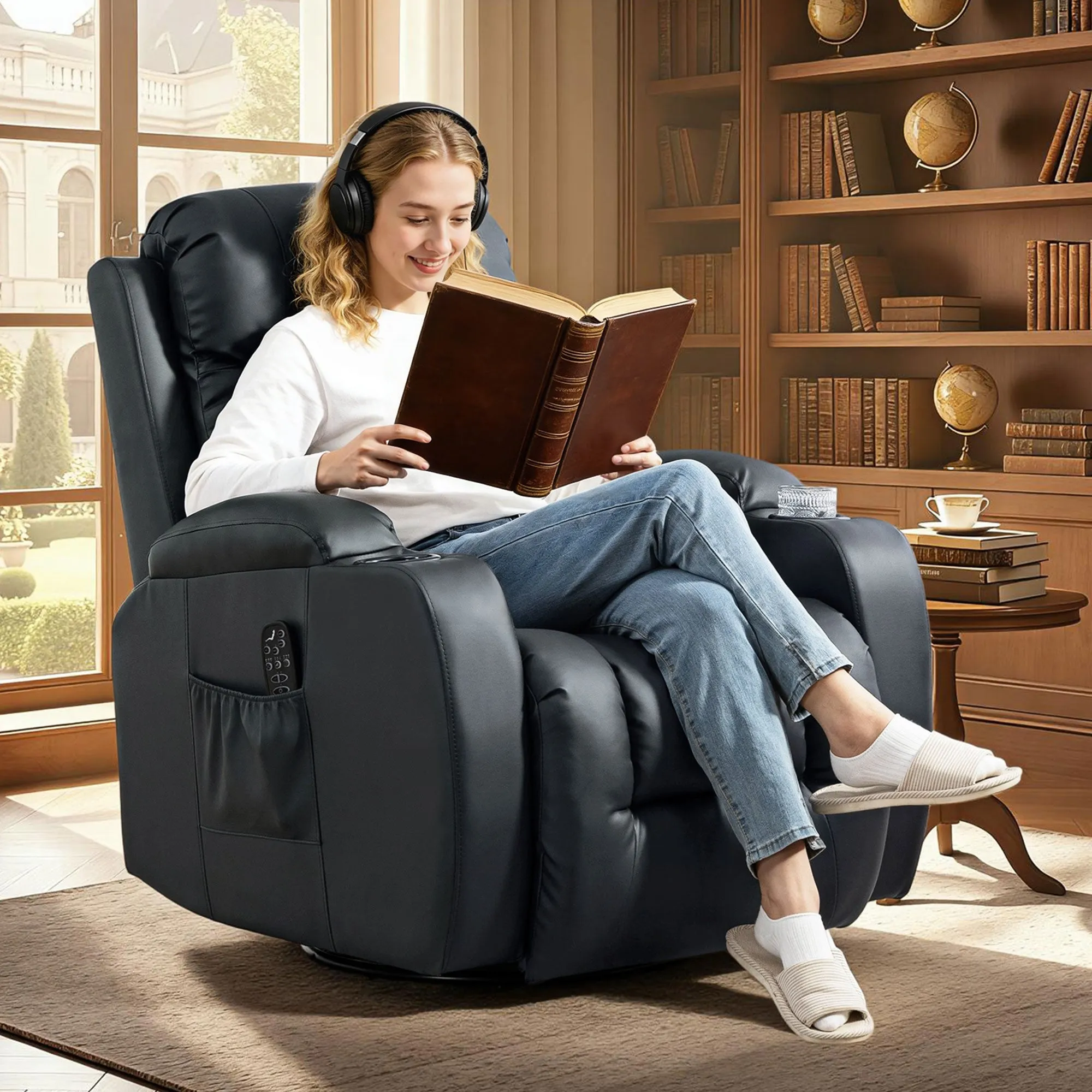 Heated Massage Recliner, 8 Massage Points and 3 Modes with Remote Control, PU Leather, Black - Image 2
